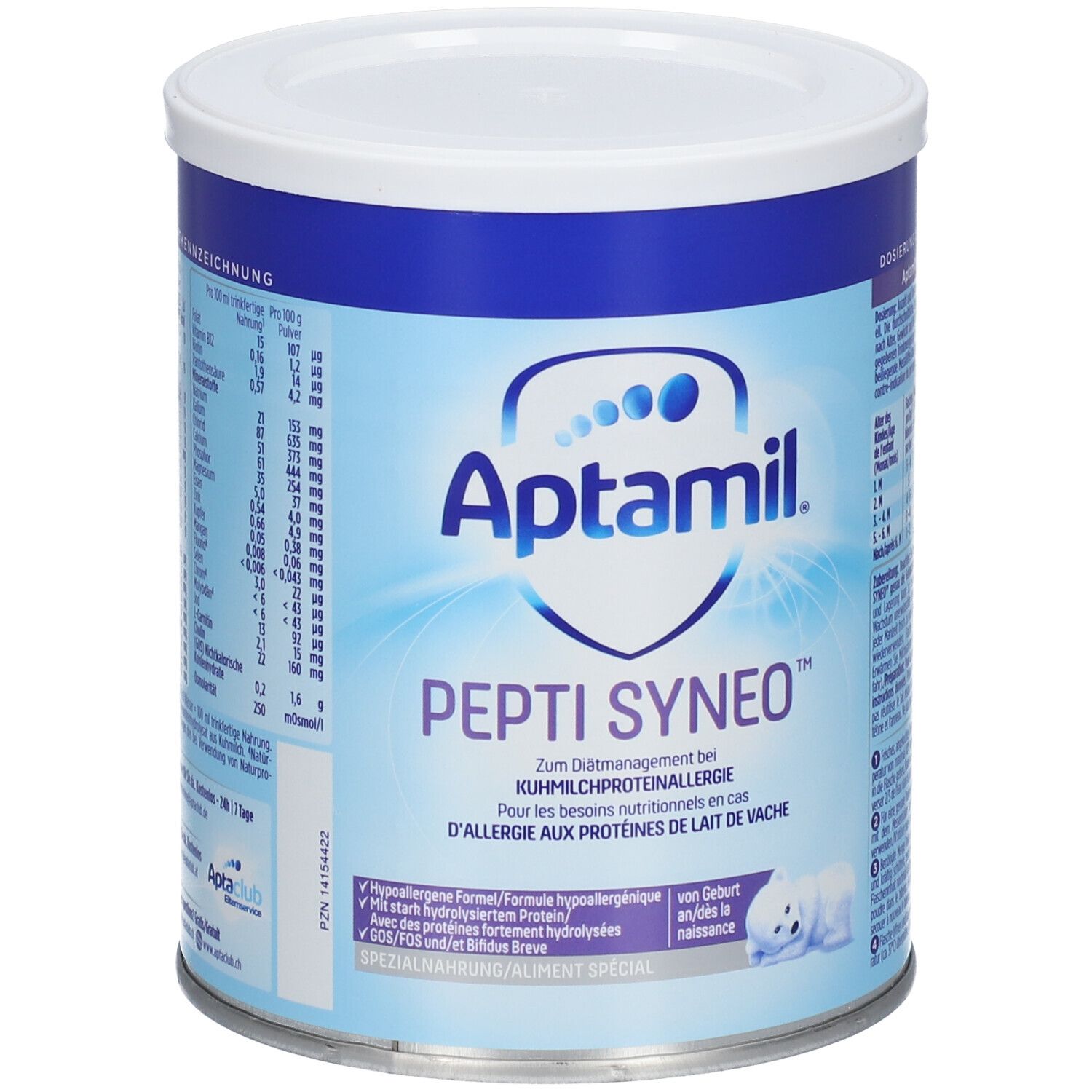 Boîte Aptamil Pepti Syneo. Boîte bleue avec couvercle blanc. Inscription : "Pour les besoins nutritionnels en cas d'allergie aux protéines de lait de vache".