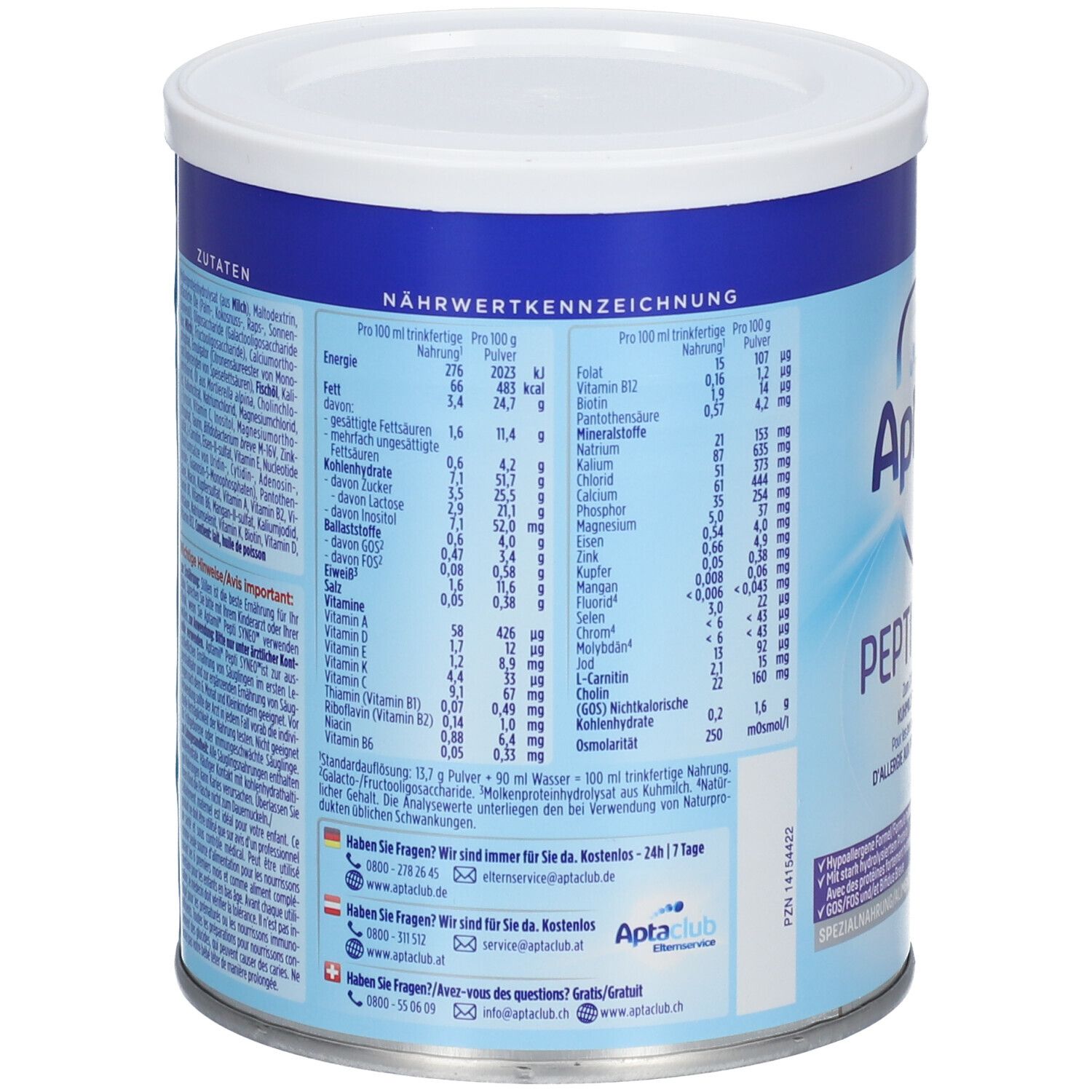 Dos de la boîte Aptamil Pepti Syneo. Contient des informations nutritionnelles et des coordonnées. Couvercle blanc, fond bleu.