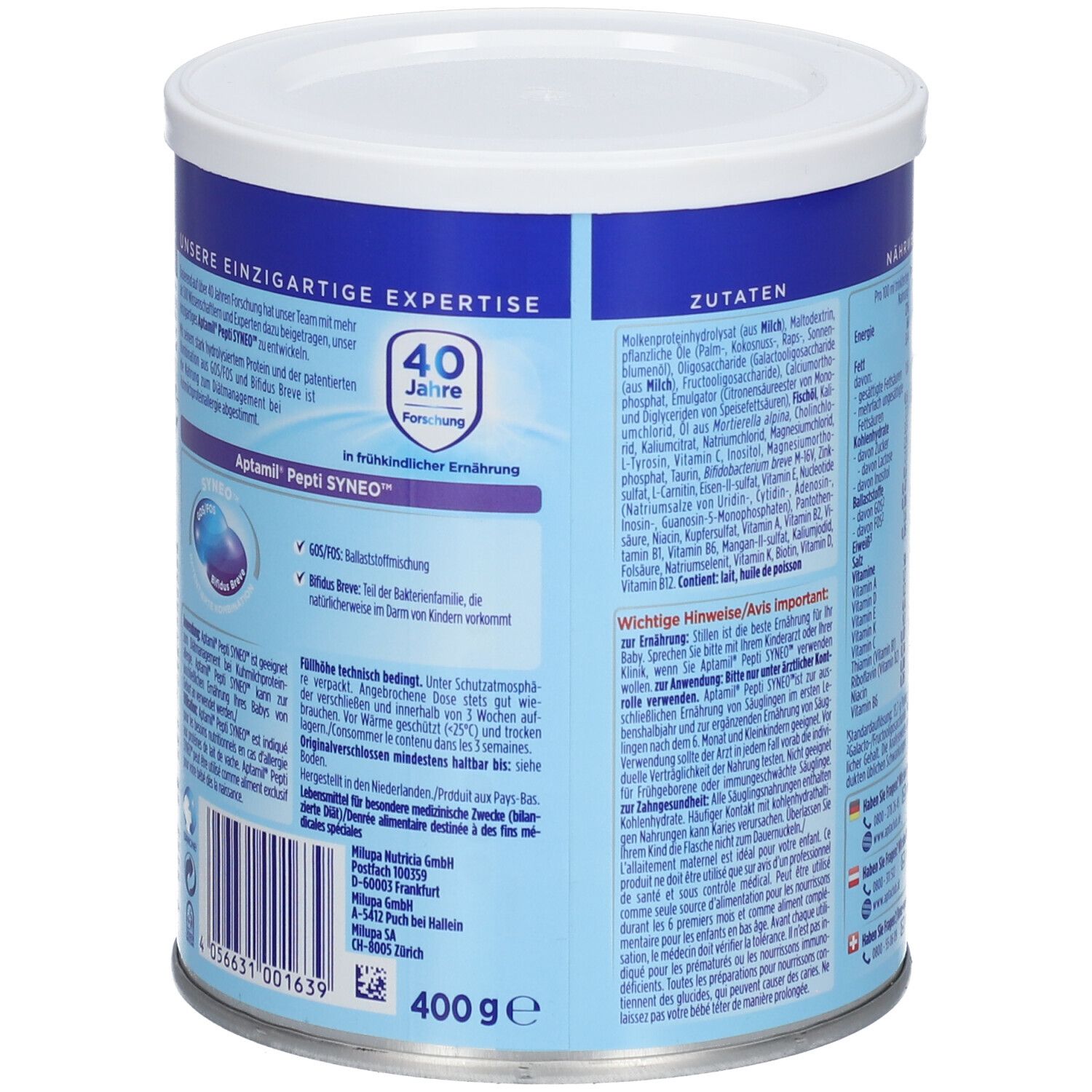 Dos de la boîte Aptamil Pepti Syneo. Contient des informations sur les ingrédients et le fabricant. 400g, fond bleu.