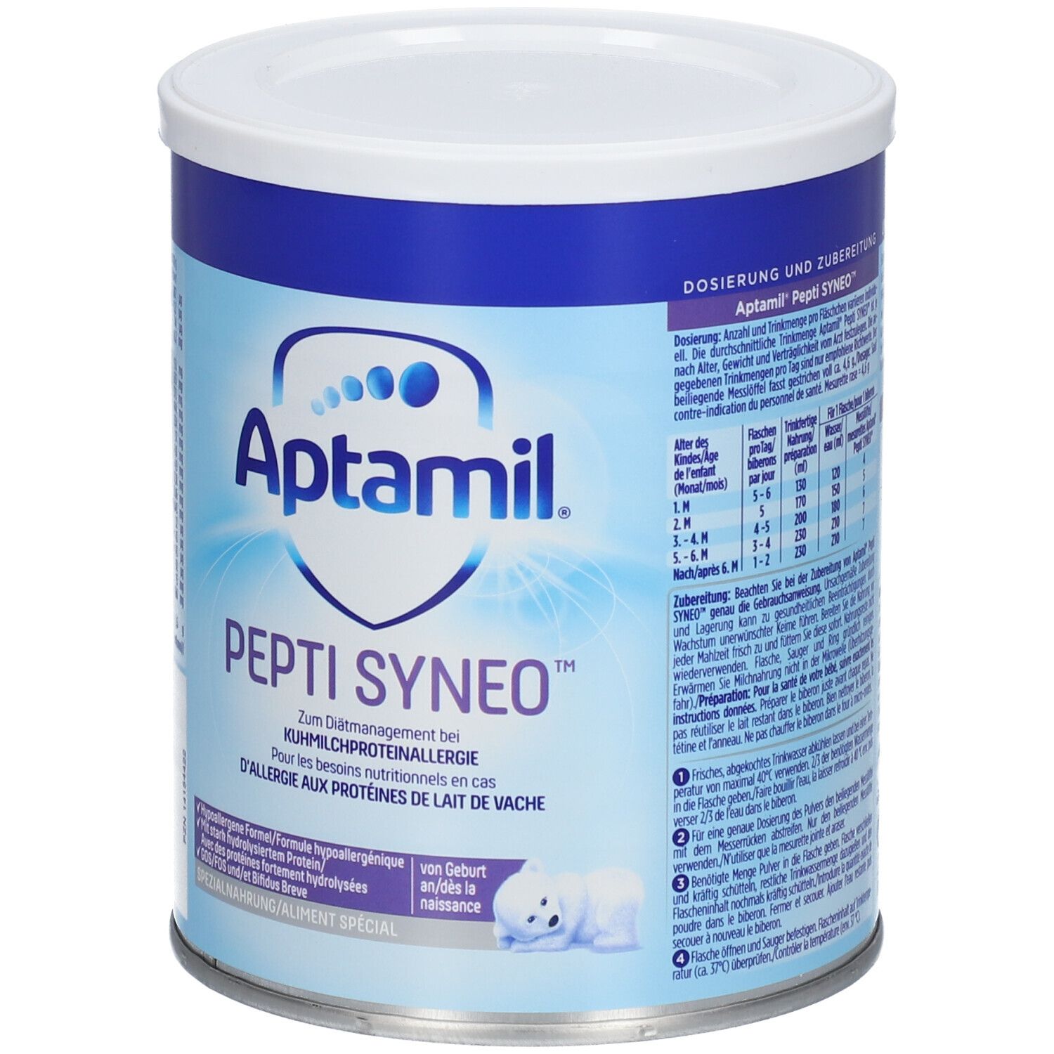 Boîte Aptamil Pepti Syneo. Boîte bleue avec couvercle blanc. Inscription : "Pour les besoins nutritionnels en cas d'allergie aux protéines de lait de vache".