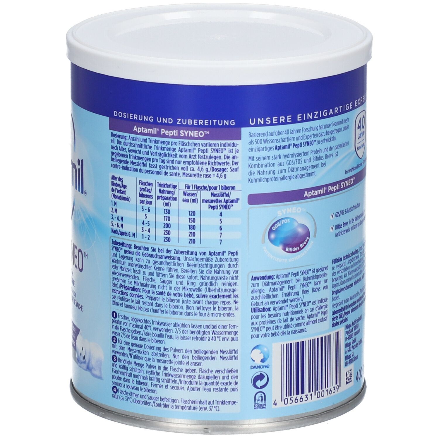 Dos de la boîte Aptamil Pepti Syneo. Contient des informations sur la préparation et le dosage. Fond bleu.