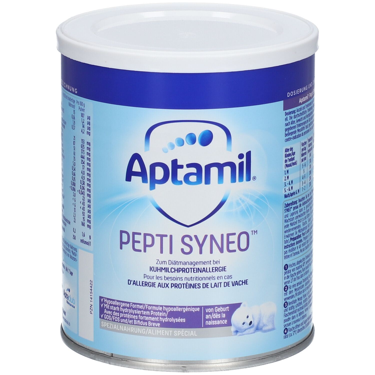 Boîte Aptamil Pepti Syneo. Boîte bleue avec couvercle blanc. Inscription : "Pour les besoins nutritionnels en cas d'allergie aux protéines de lait de vache".