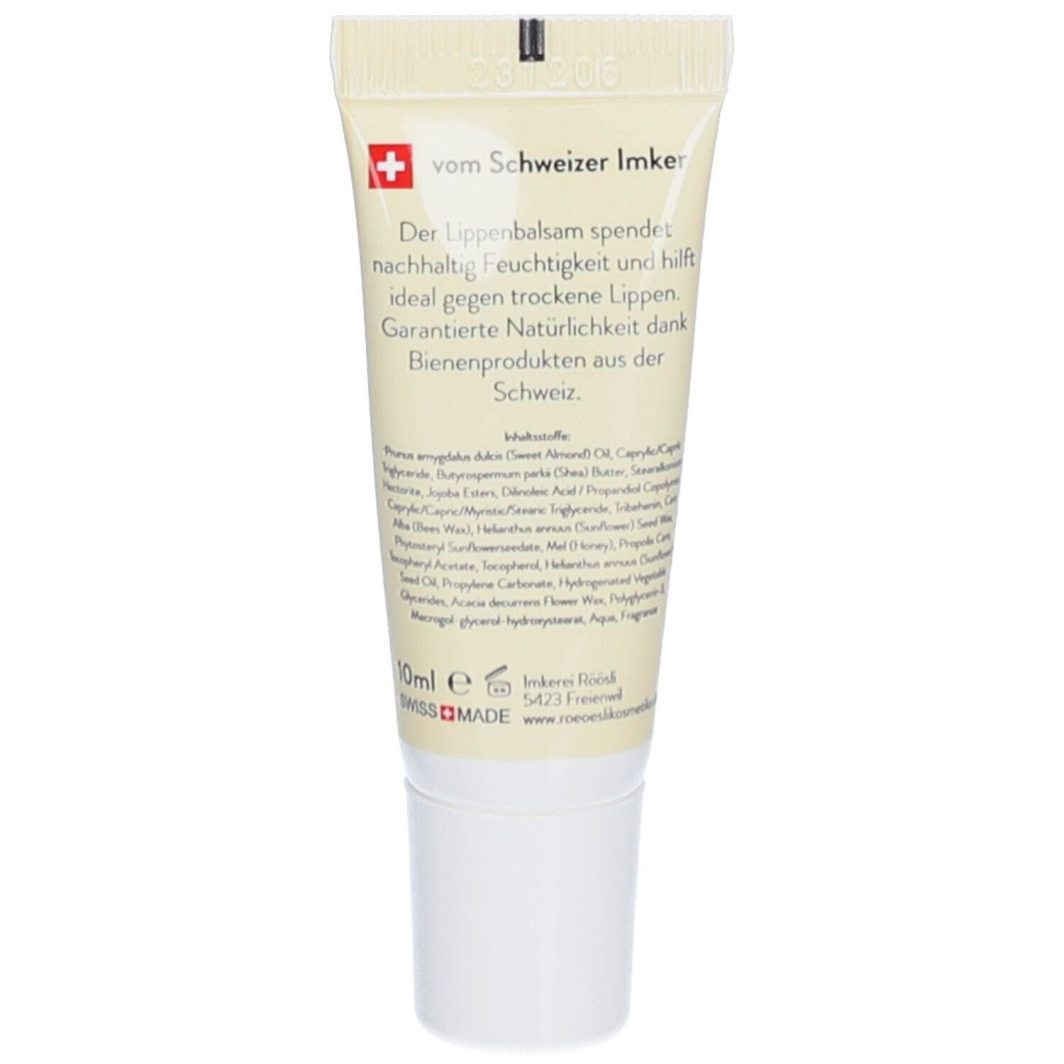 Dos du tube de baume à lèvres. Texte: de l'apiculteur suisse. Ingrédients. Croix suisse. 10ml. Swiss Made.