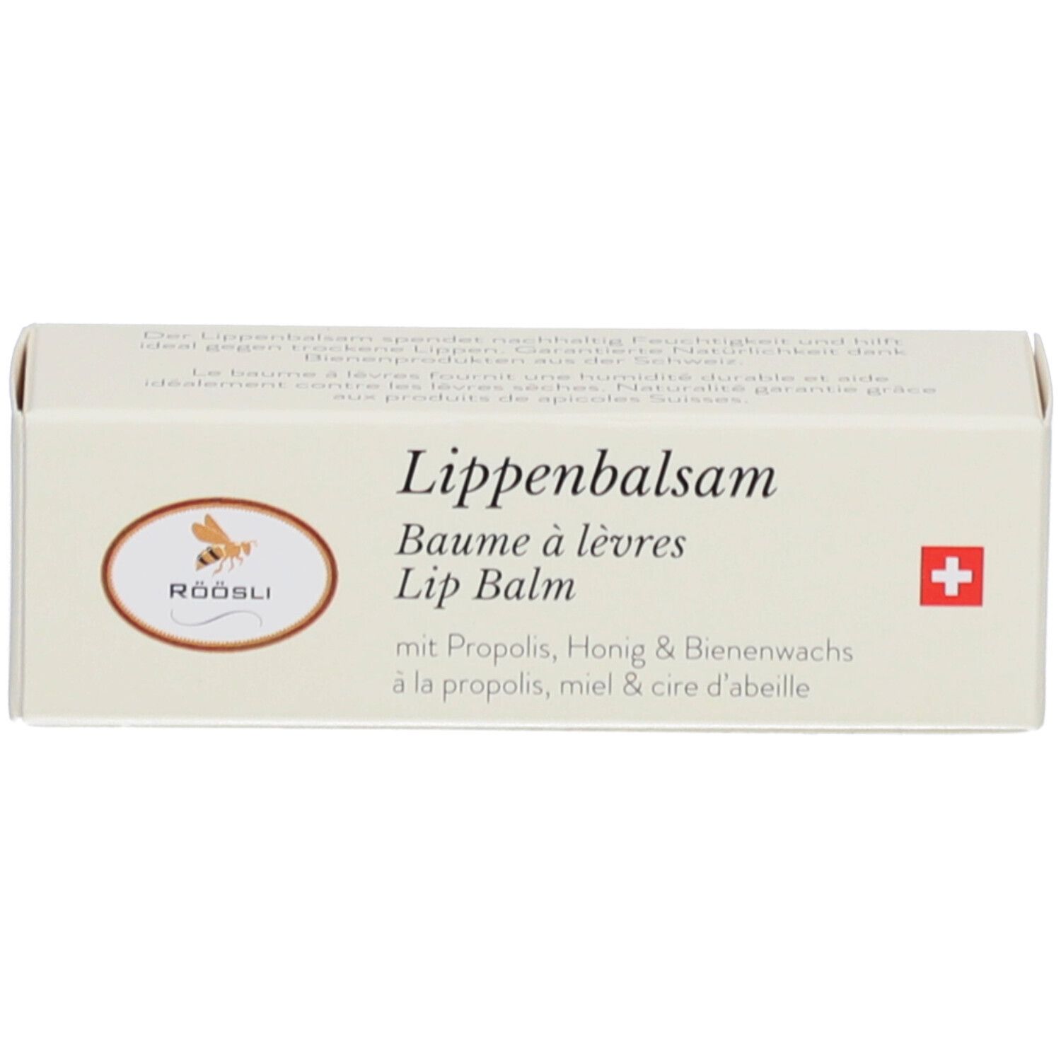 Boîte de baume à lèvres. Inscription: Baume à lèvres, Lip Balm. Croix suisse. RÖÖSLI Kosmetika.