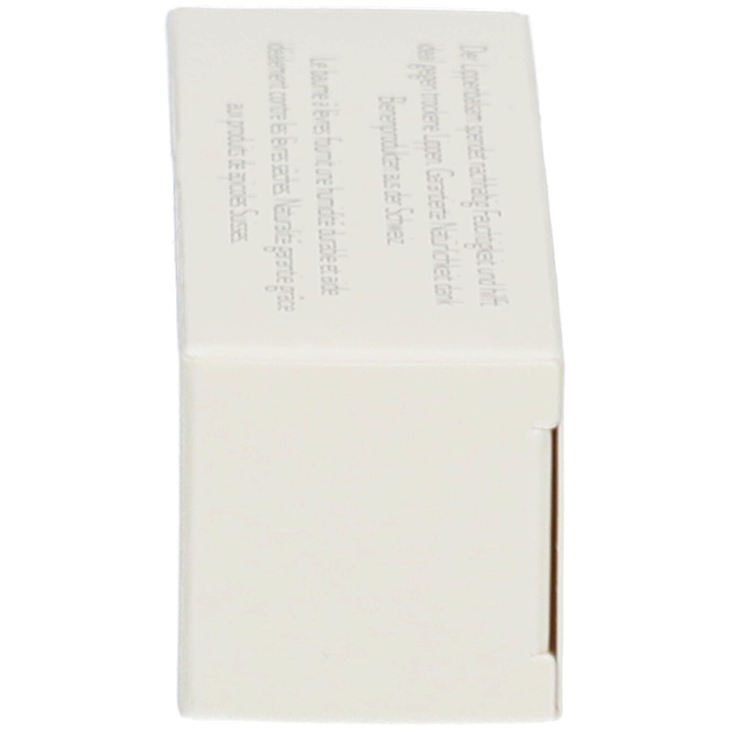 Boîte de baume à lèvres. Vue latérale. Texte en allemand et en français.