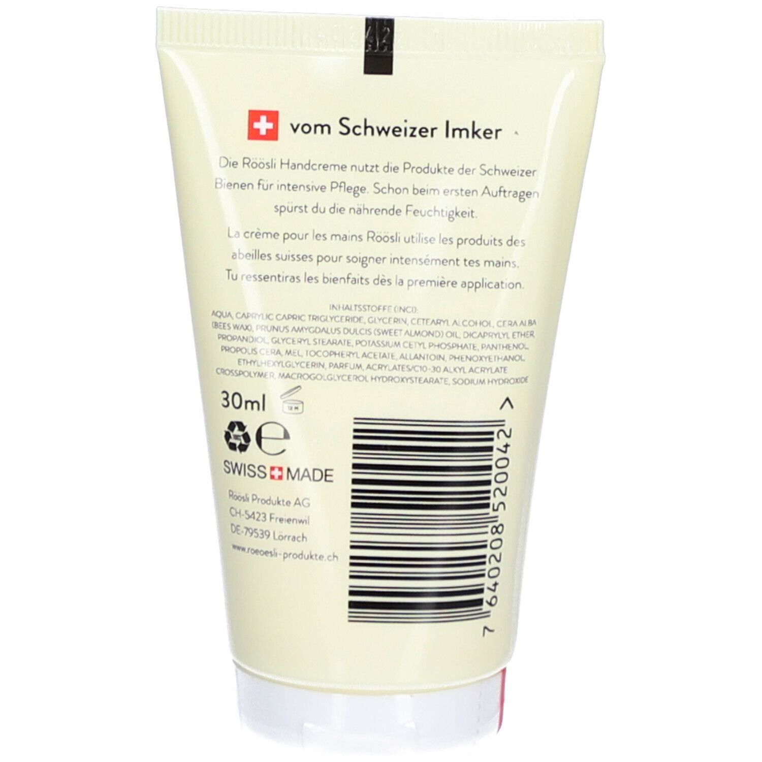 Dos du tube de crème pour les mains. Texte : vom Schweizer Imker. Ingrédients, 30ml, Swiss Made, code-barres.