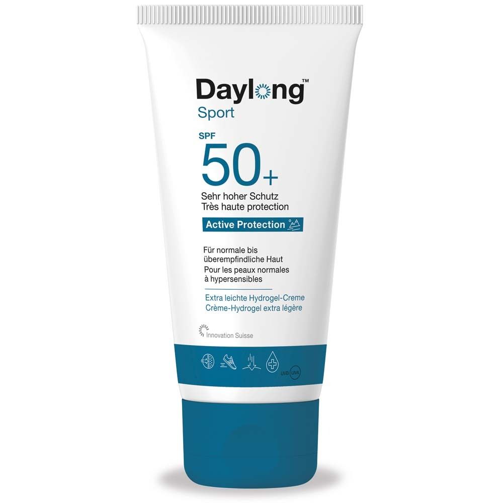 Witte tube met blauwe dop. Opschrift: Daylong Sport SPF 50+. Tekst in het Duits en Frans. Hydrogel-crème.