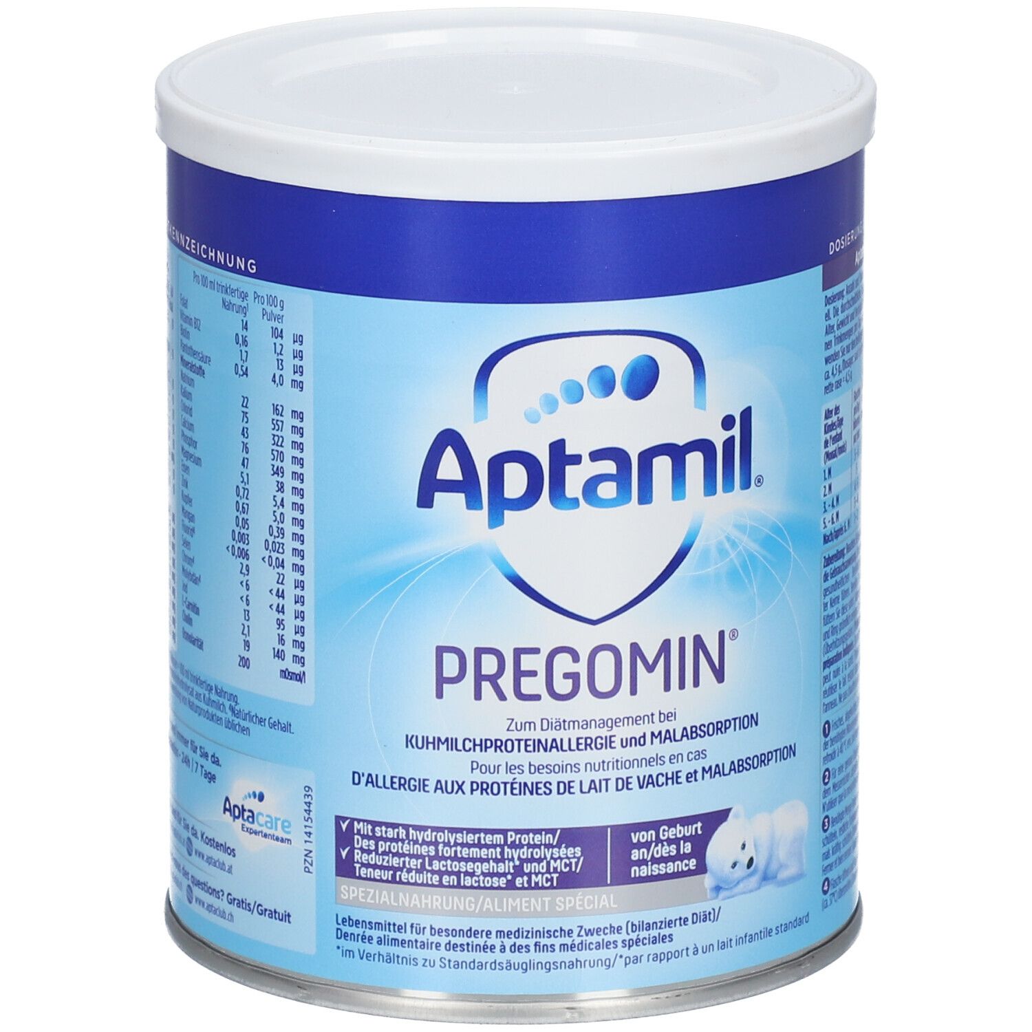 Aptamil Pregomin blik. Blauw blik met wit deksel. Tekst: Pregomin, voor koemelkeiwitallergie. Baby-illustratie.