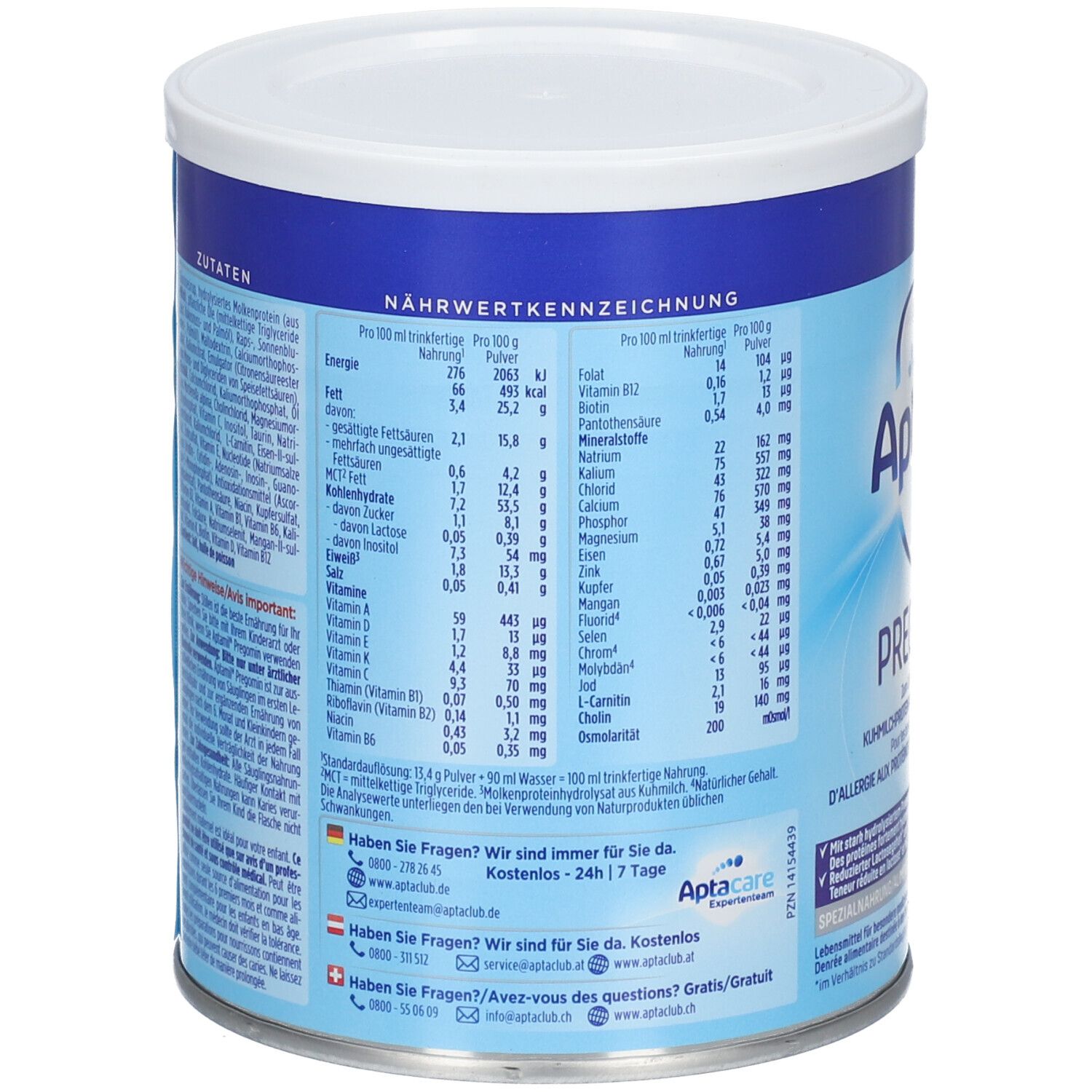 Aptamil Pregomin blik. Achterkant met voedingswaarde en ingrediënten. Blauw blik met wit deksel. Tekst in het Duits, Frans, Italiaans.