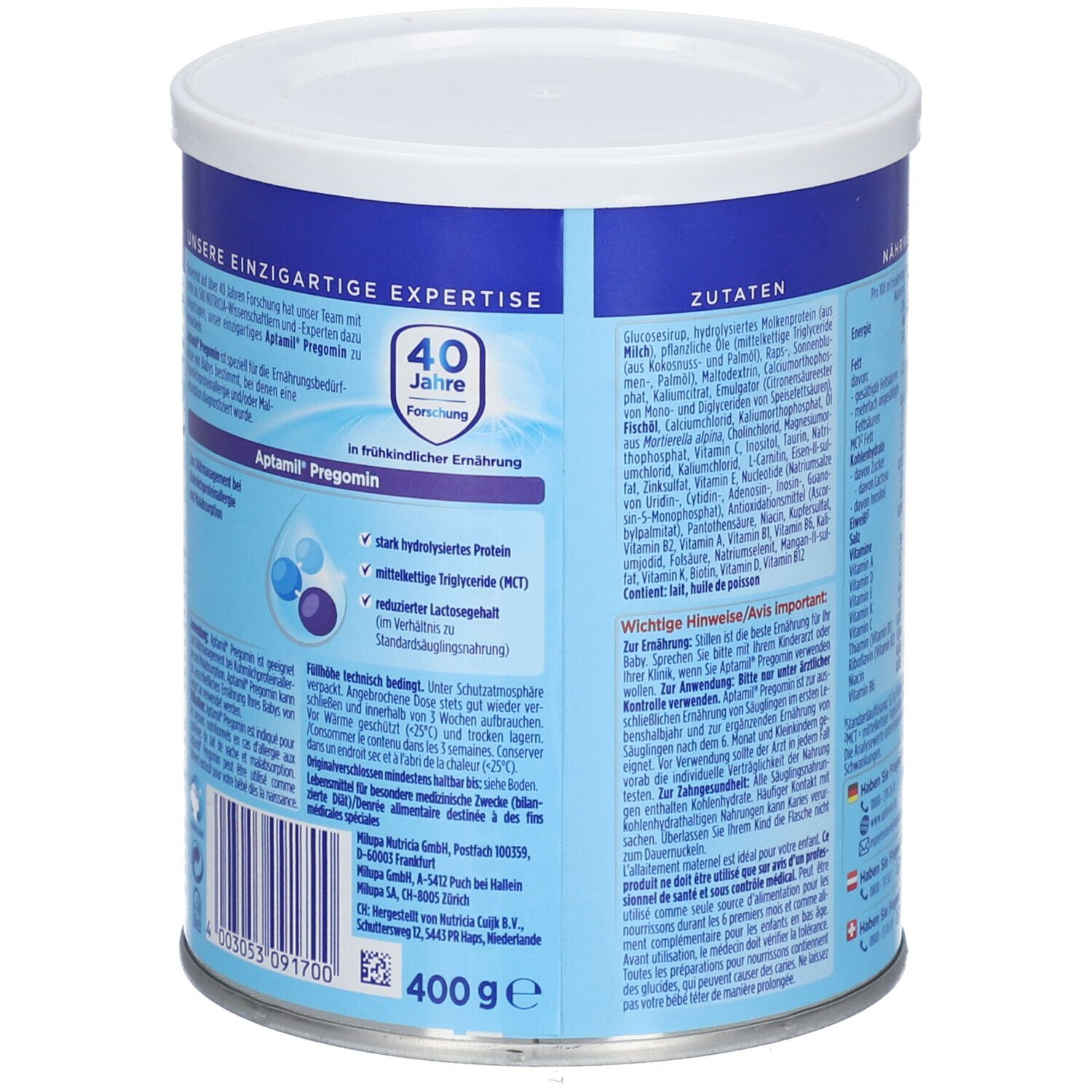 Aptamil Pregomin blik. Achterkant met tekst en ingrediënten. Blauw blik met wit deksel. 400g. Tekst: unieke expertise.