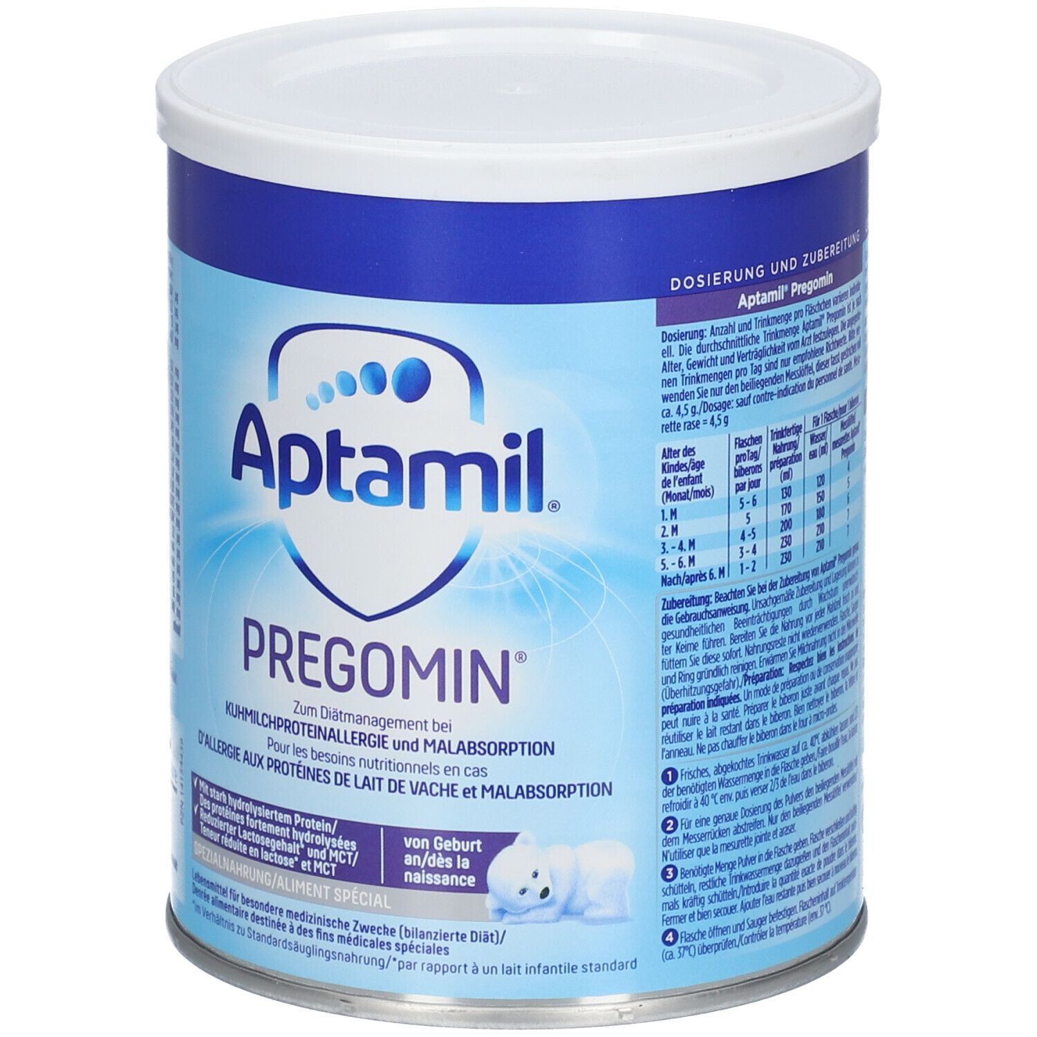 Aptamil Pregomin blik. Blauw blik met wit deksel. Tekst: Pregomin, voor koemelkeiwitallergie. Dosering informatie.