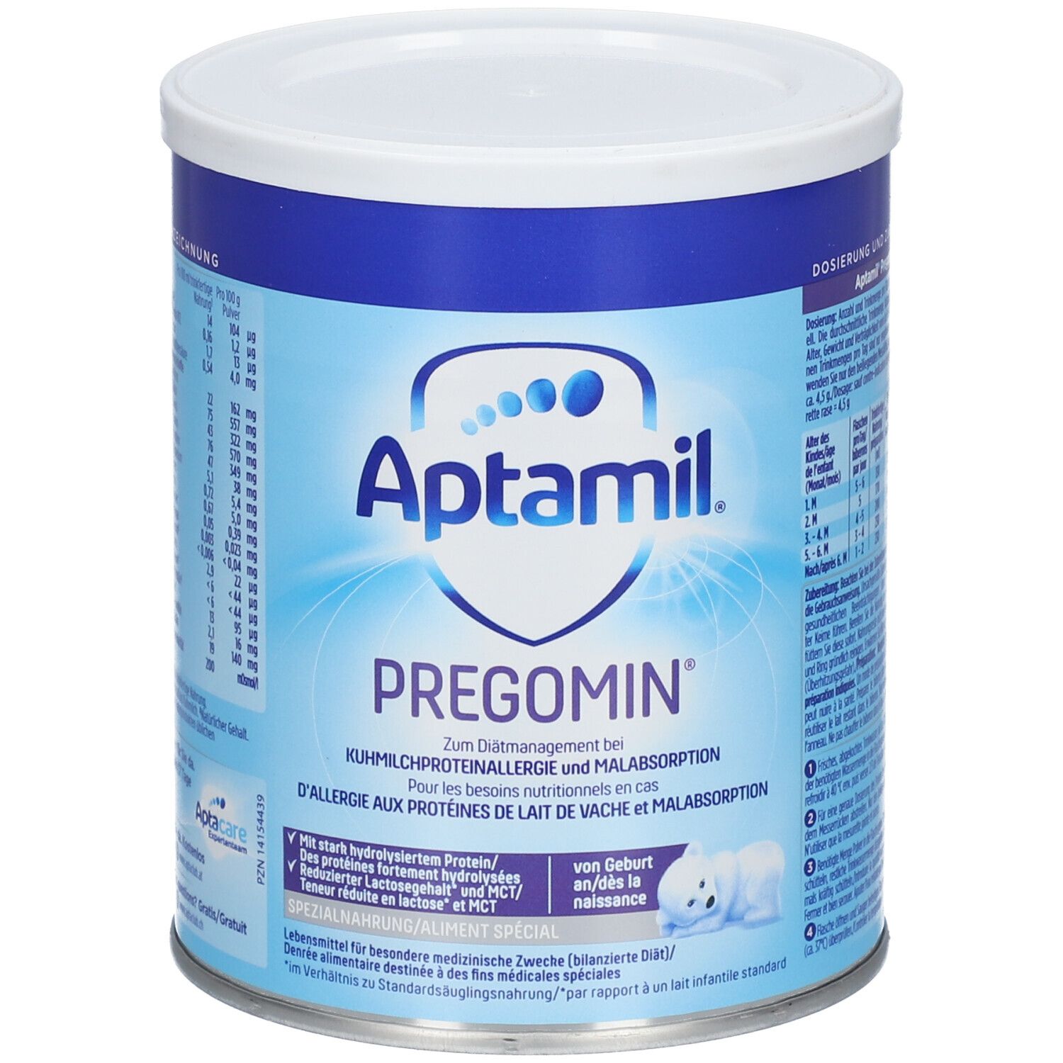 Aptamil Pregomin blik. Blauw blik met wit deksel. Tekst: Pregomin, voor koemelkeiwitallergie. Baby-illustratie.
