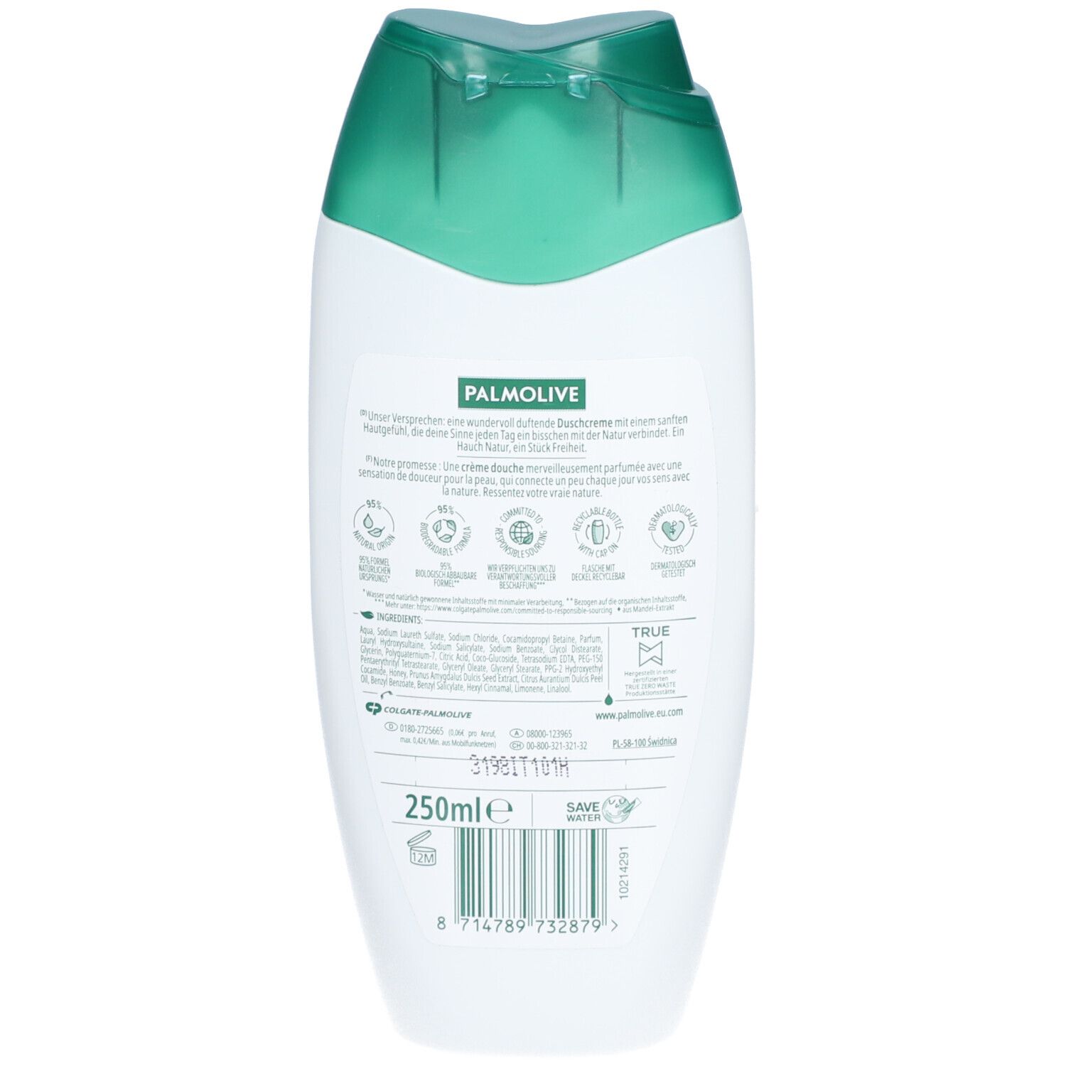 Achterkant van de witte en groene fles met Palmolive-logo en tekst. 250ml-aanduiding.