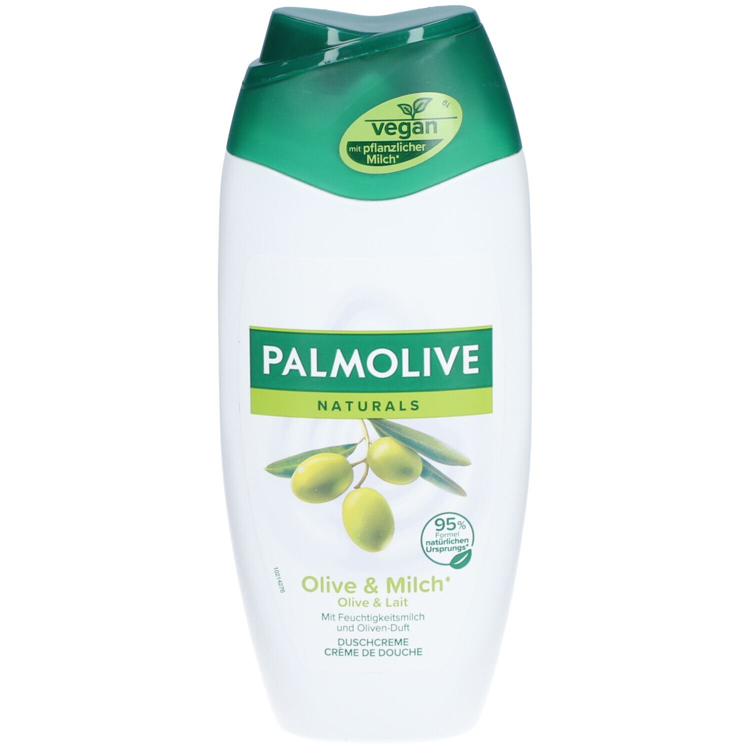 Flacon blanc et vert avec logo Palmolive, olives et texte. Label végan.