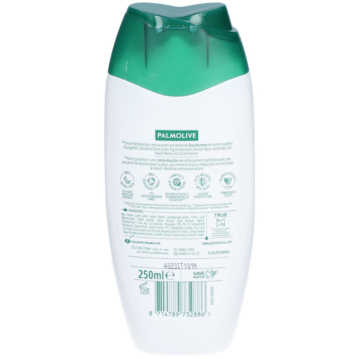 Dos du flacon avec logo Palmolive, texte et divers sceaux. 250ml.