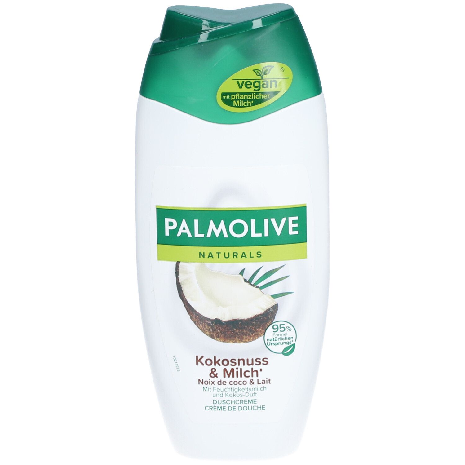 Witgroene fles met Palmolive-logo, kokosnootafbeelding en tekst. Vegan-zegel. Douchecrème.