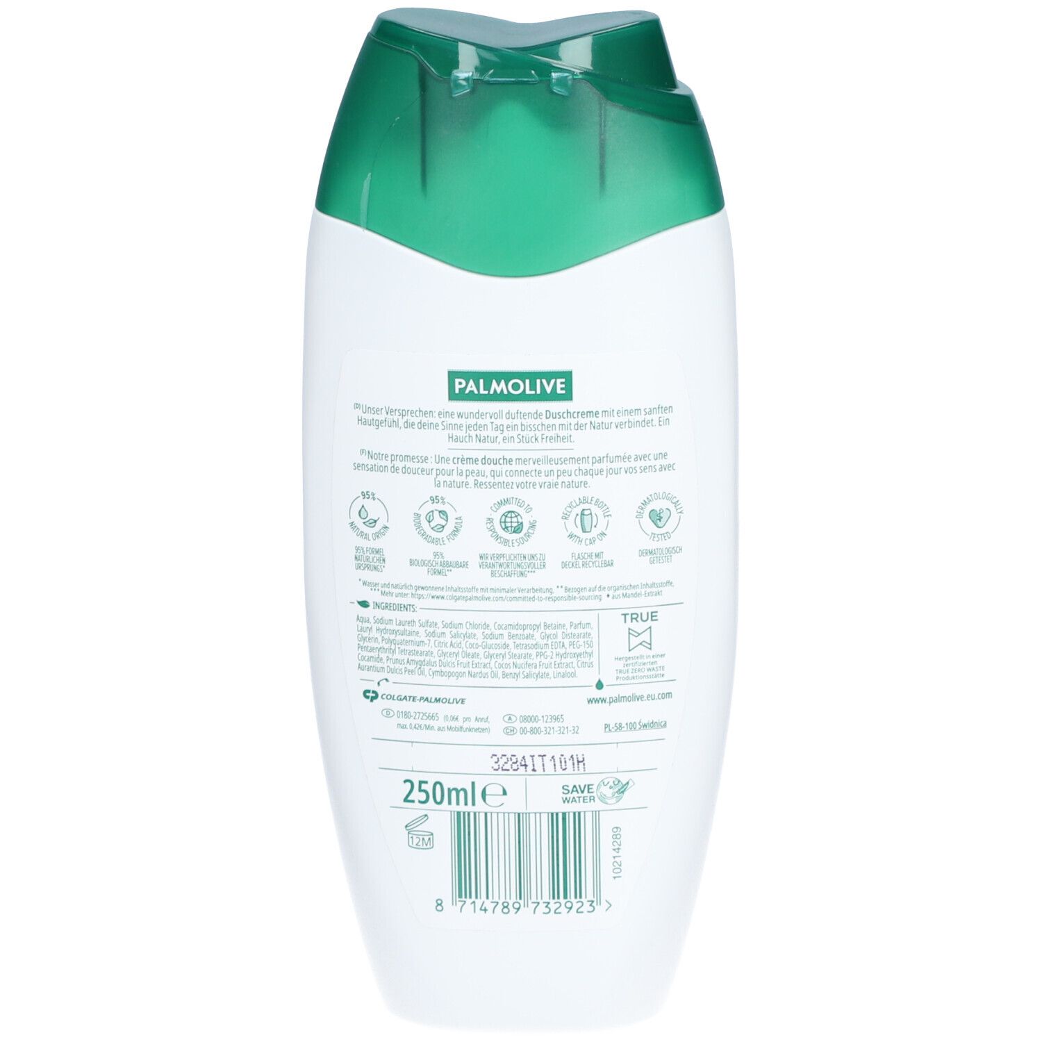Achterkant van een witte en groene fles. Tekst en logo's. 250ml-aanduiding. Barcode.