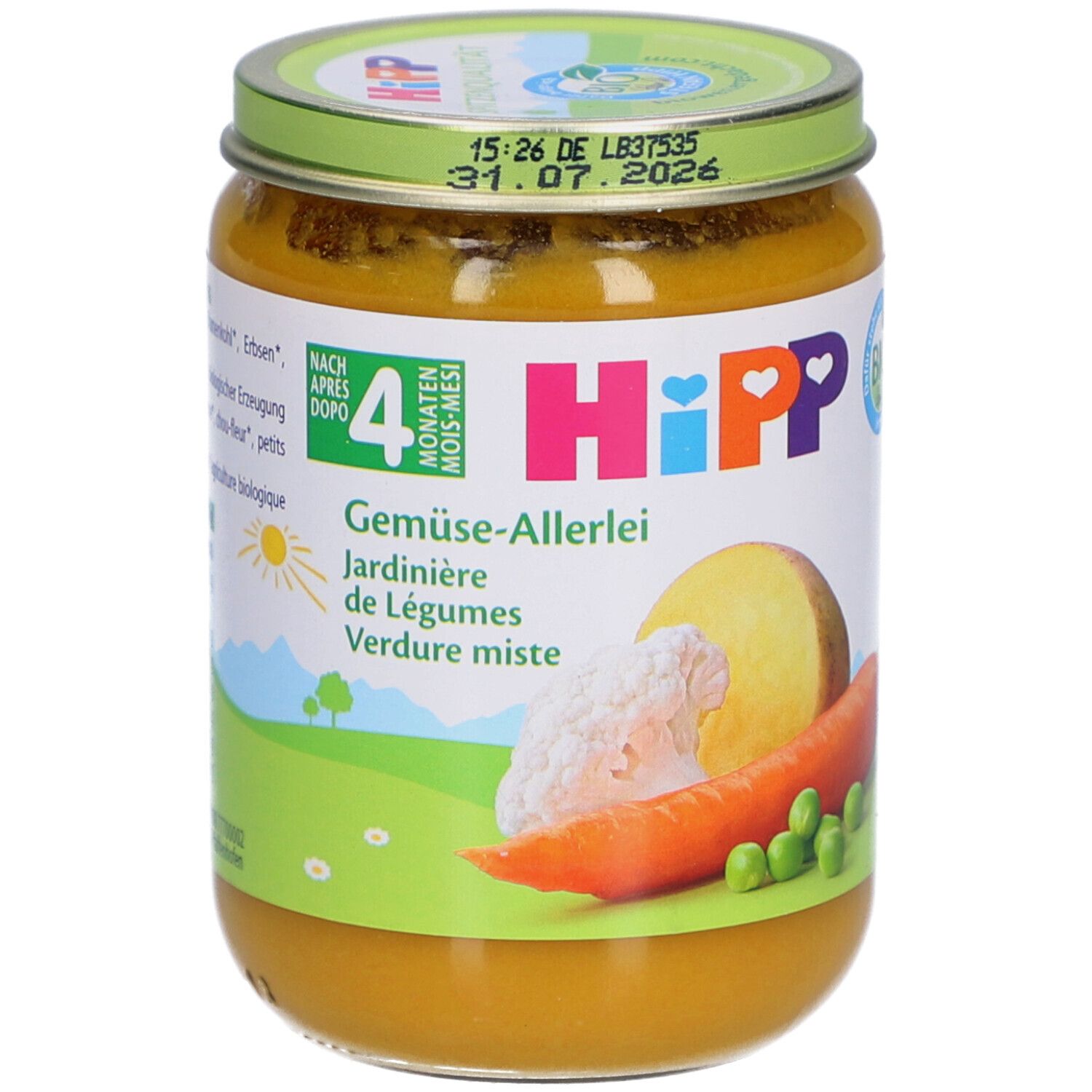 Pot HiPP Bio-Gemüsegarten voor baby's vanaf 4 maanden. Etiket met groente-illustraties en bio-keurmerk.