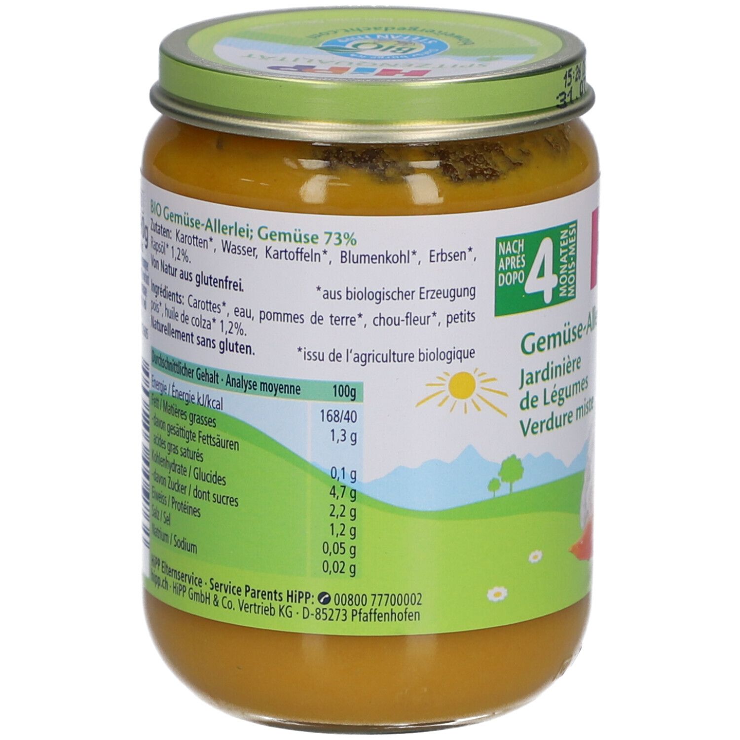 Achterkant pot HiPP Bio-Gemüsegarten. Bevat voedingswaarden en ingrediëntenlijst. Bio-keurmerk.