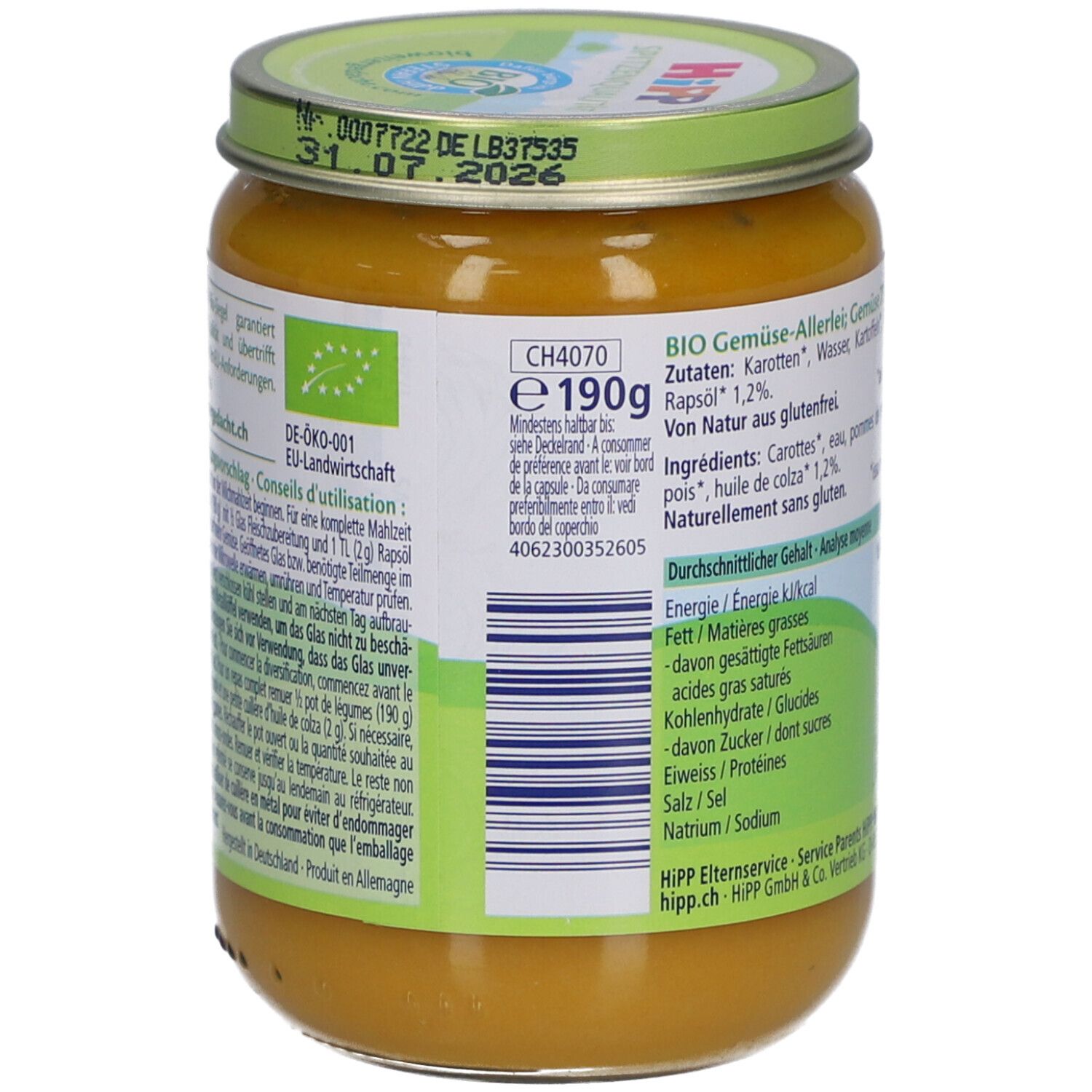 Achterkant pot HiPP Bio-Gemüsegarten. Ingrediëntenlijst, voedingswaarden en barcode. Bio-keurmerk.