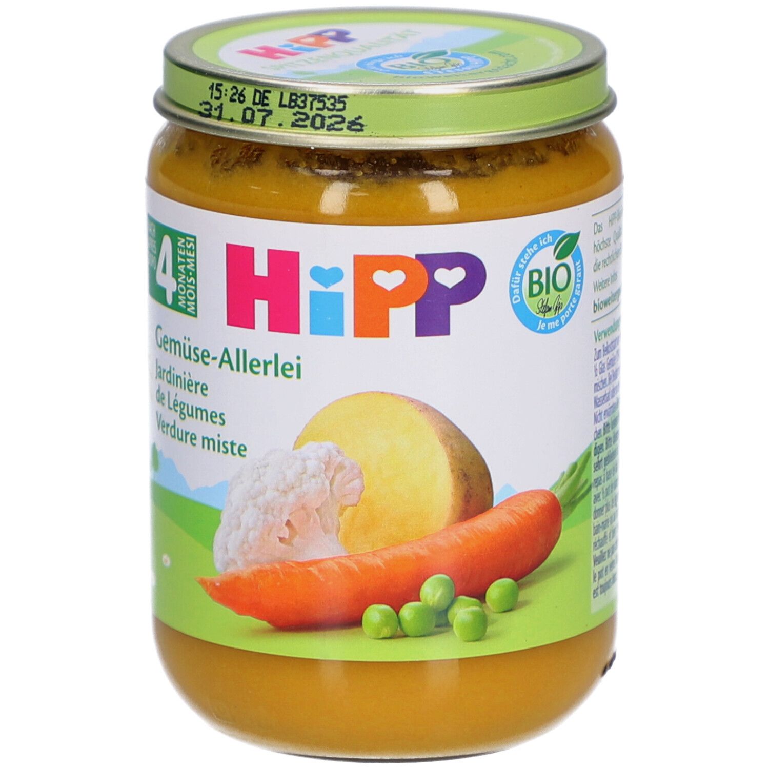 Pot HiPP Bio-Gemüsegarten voor baby's vanaf 4 maanden. Etiket met groente-illustraties en bio-keurmerk.
