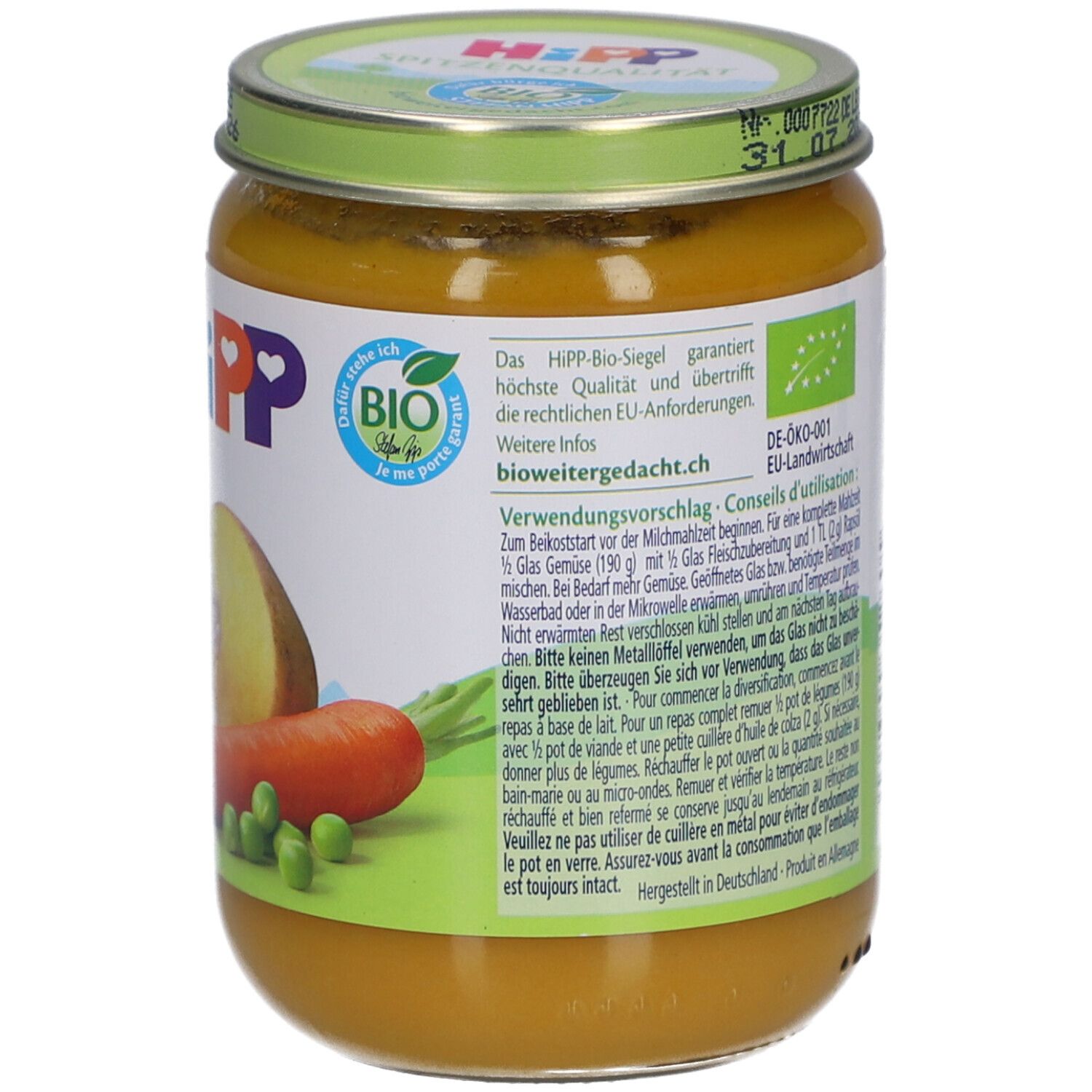 Achterkant pot HiPP Bio-Gemüsegarten. Bevat informatie over gebruik en bio-keurmerk.