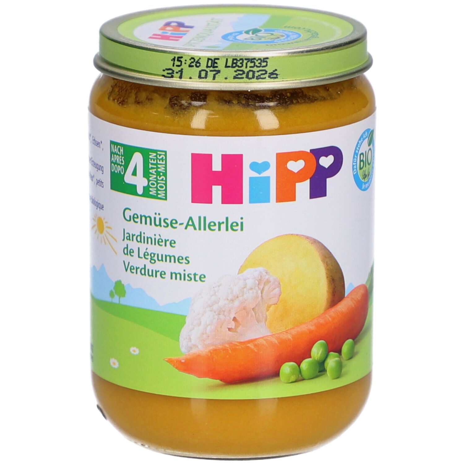 Pot HiPP Bio-Gemüsegarten voor baby's vanaf 4 maanden. Etiket met groente-illustraties en bio-keurmerk.