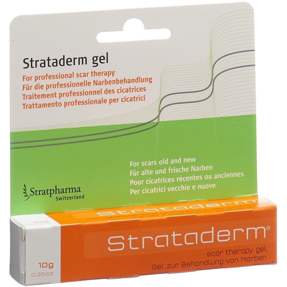Verpakking van Strataderm gel. Oranje tube met witte verpakking. Tekst: Strataderm, 10g. Opschrift: Voor littekens, oud en nieuw.