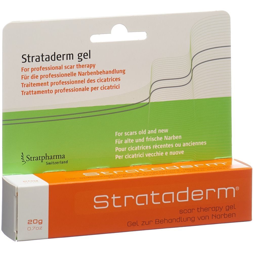 Emballage avec tube. Inscription : Strataderm gel, 20g. Emballage vert et blanc, tube orange.