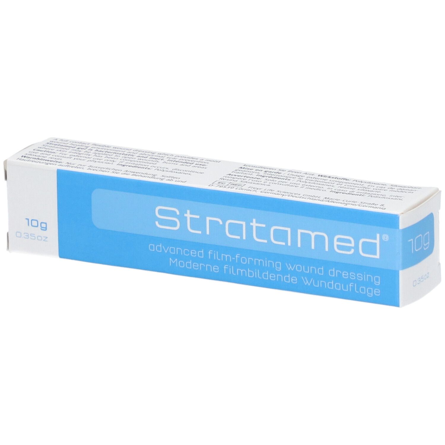 Doosje met "Stratamed". Blauw vlak met productnaam. 10g verpakking.