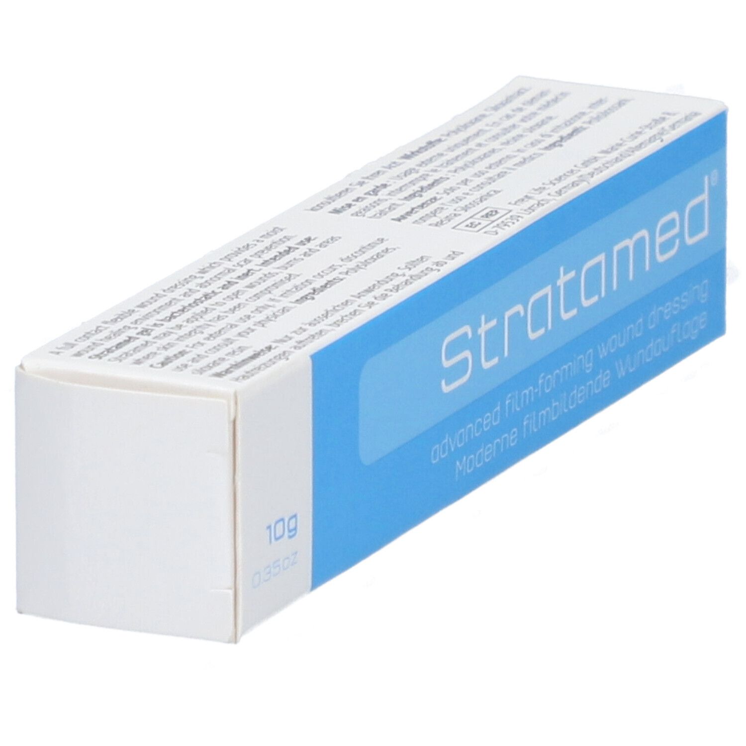 Doosje "Stratamed", blauw vlak met productnaam. 10g verpakking.