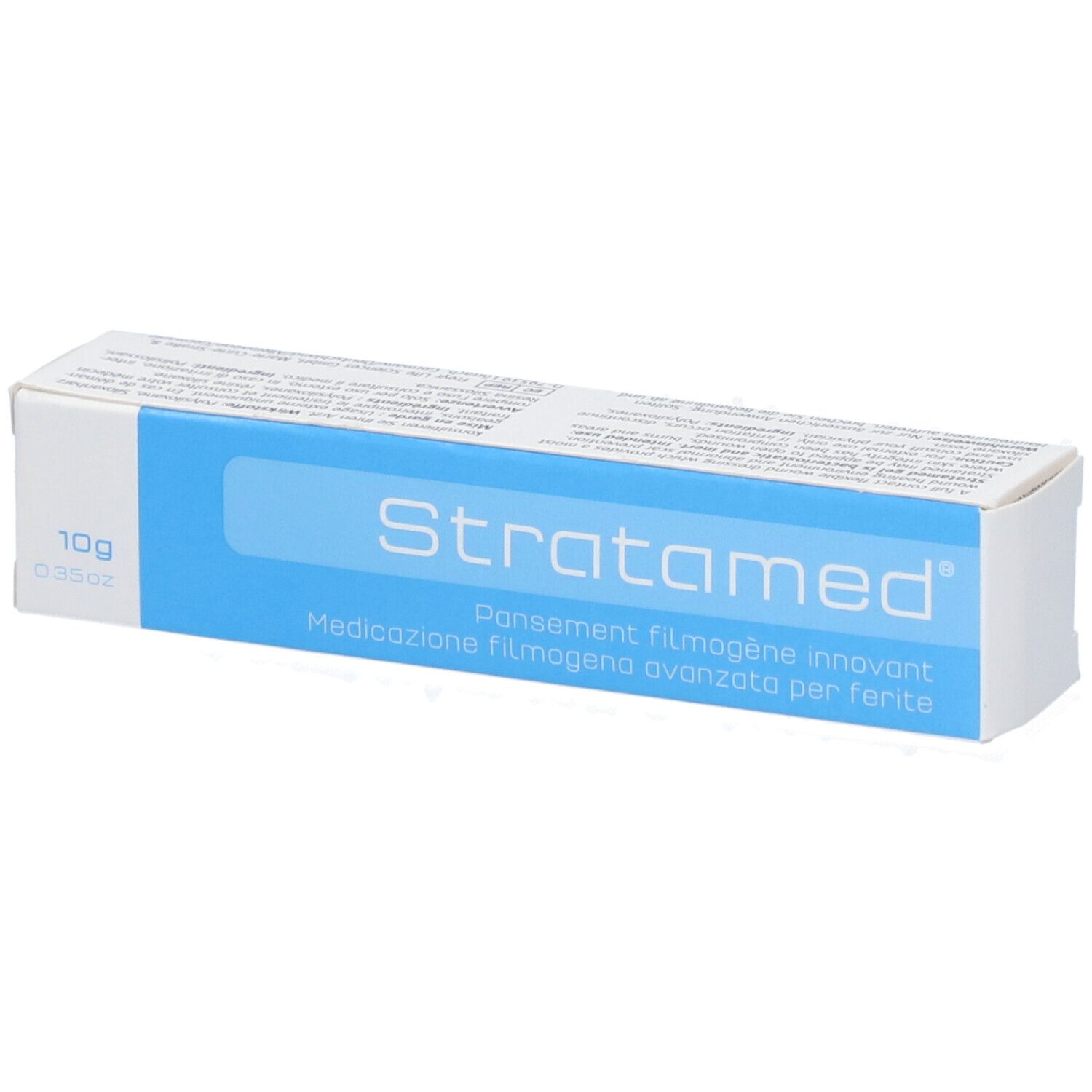 Doosje "Stratamed", blauw vlak met productnaam. 10g verpakking.