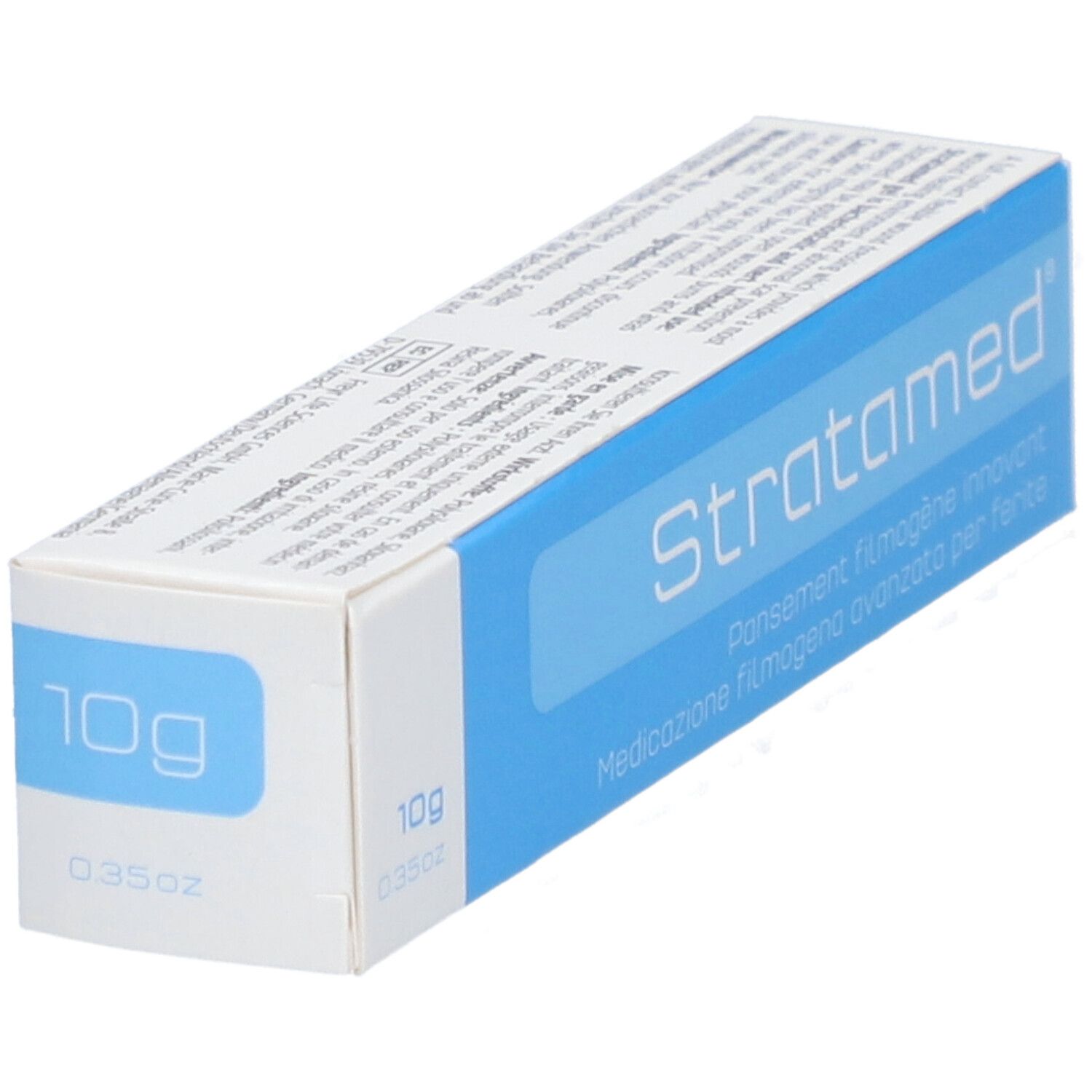 Doosje "Stratamed", blauw vlak met productnaam. 10g verpakking.