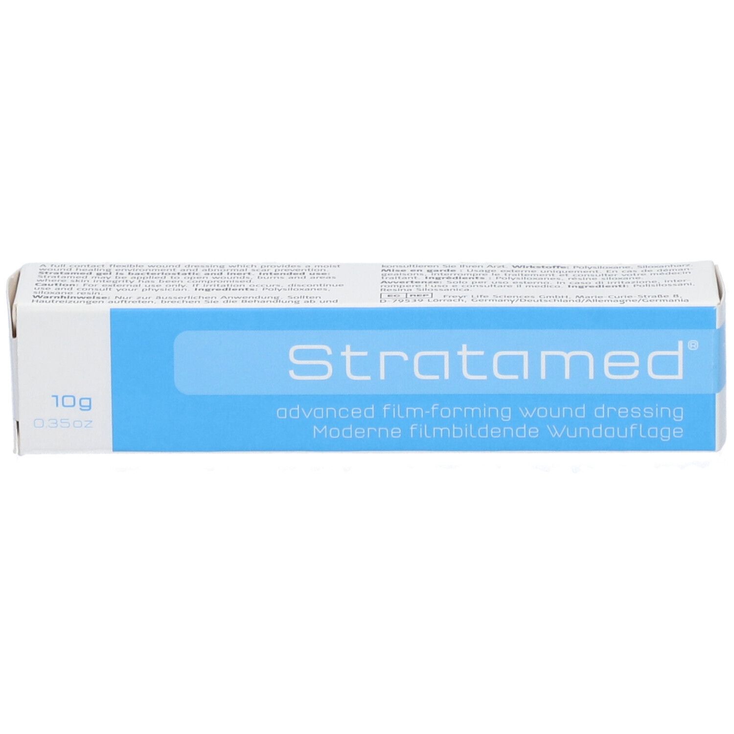 Doosje "Stratamed", blauw vlak met productnaam. 10g verpakking.