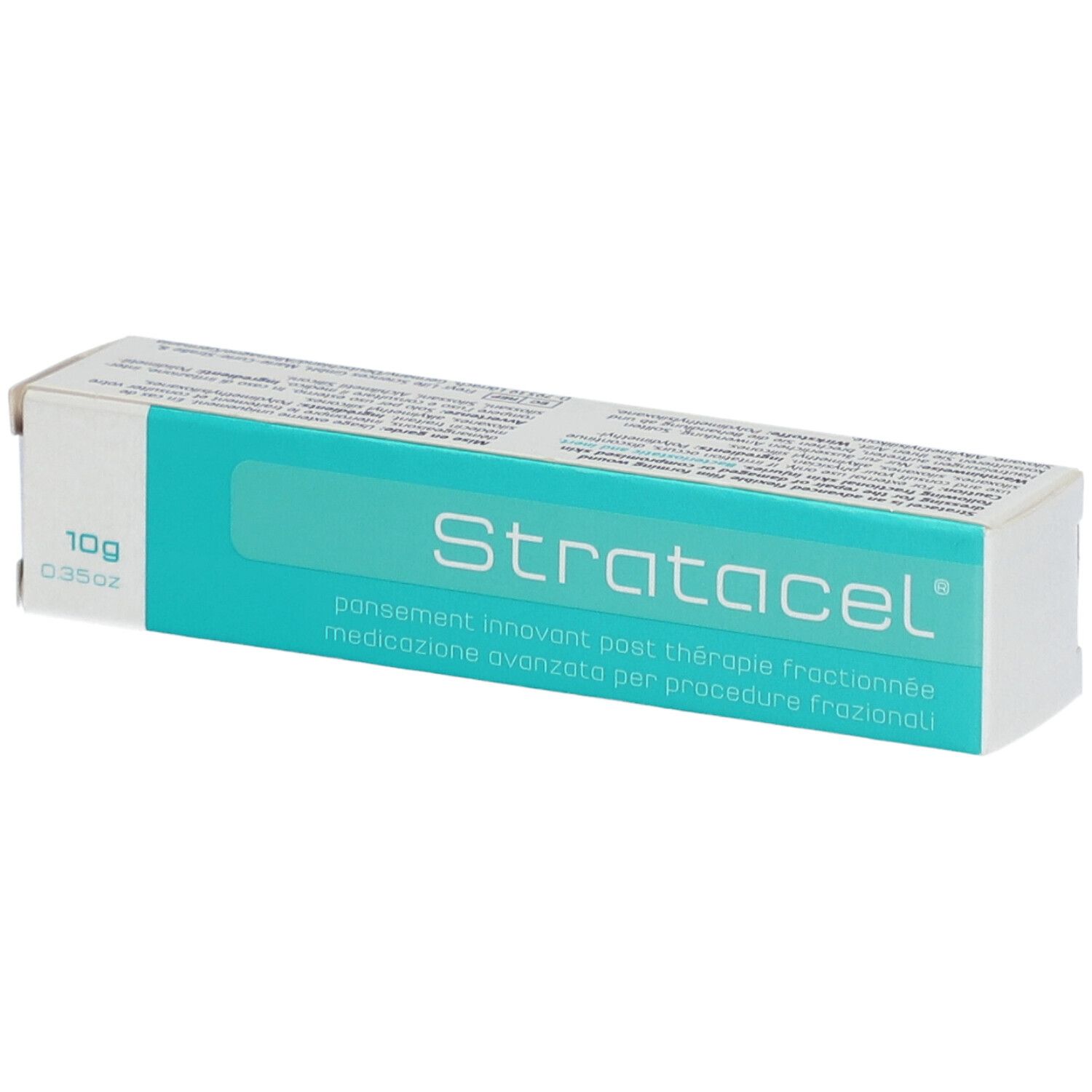 Verpakking Stratacel. Turquoise band met tekst. 10g/0.35oz. Innovatief verband.
