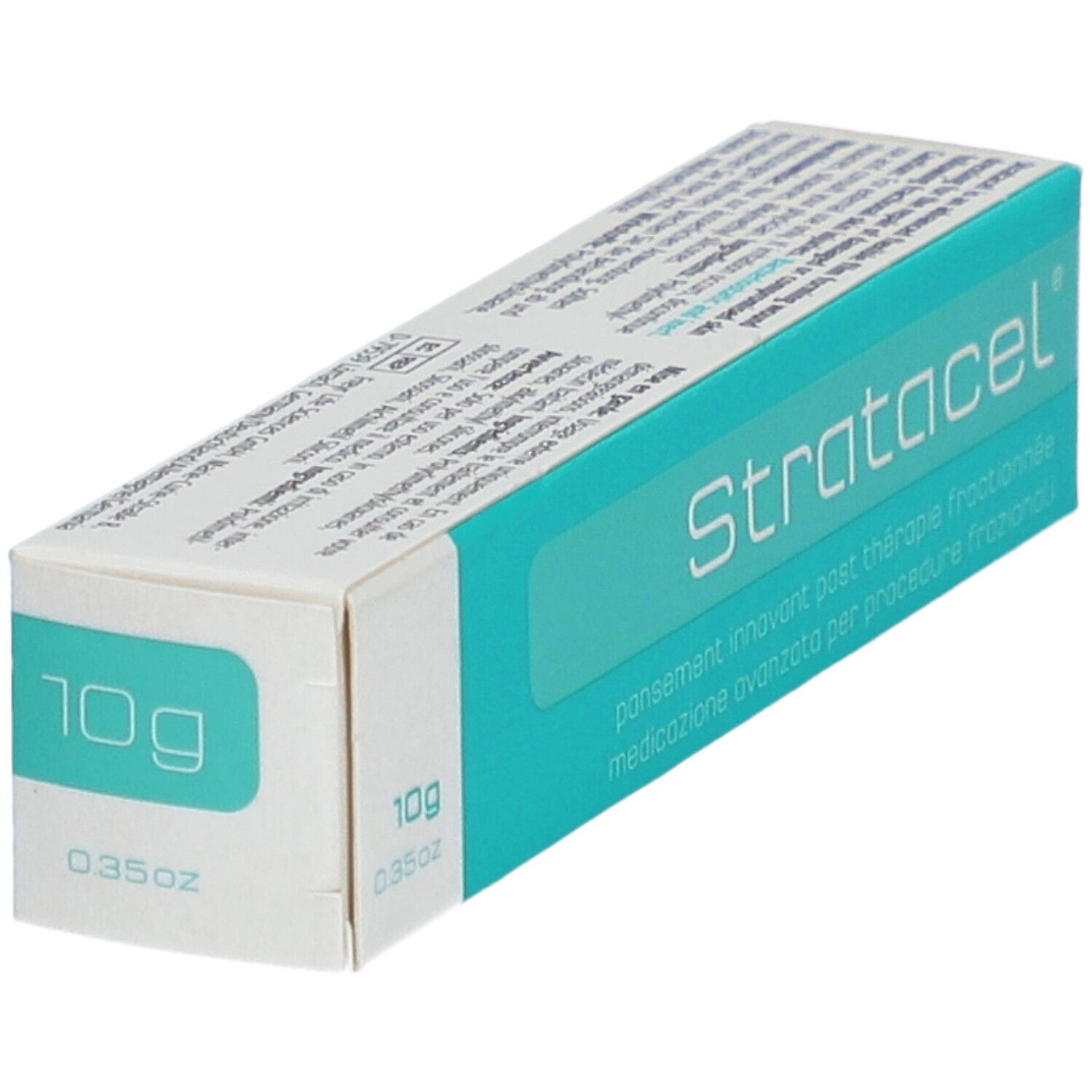Verpakking Stratacel, turquoise en wit. 10g/0.35oz. Tekst op de verpakking.