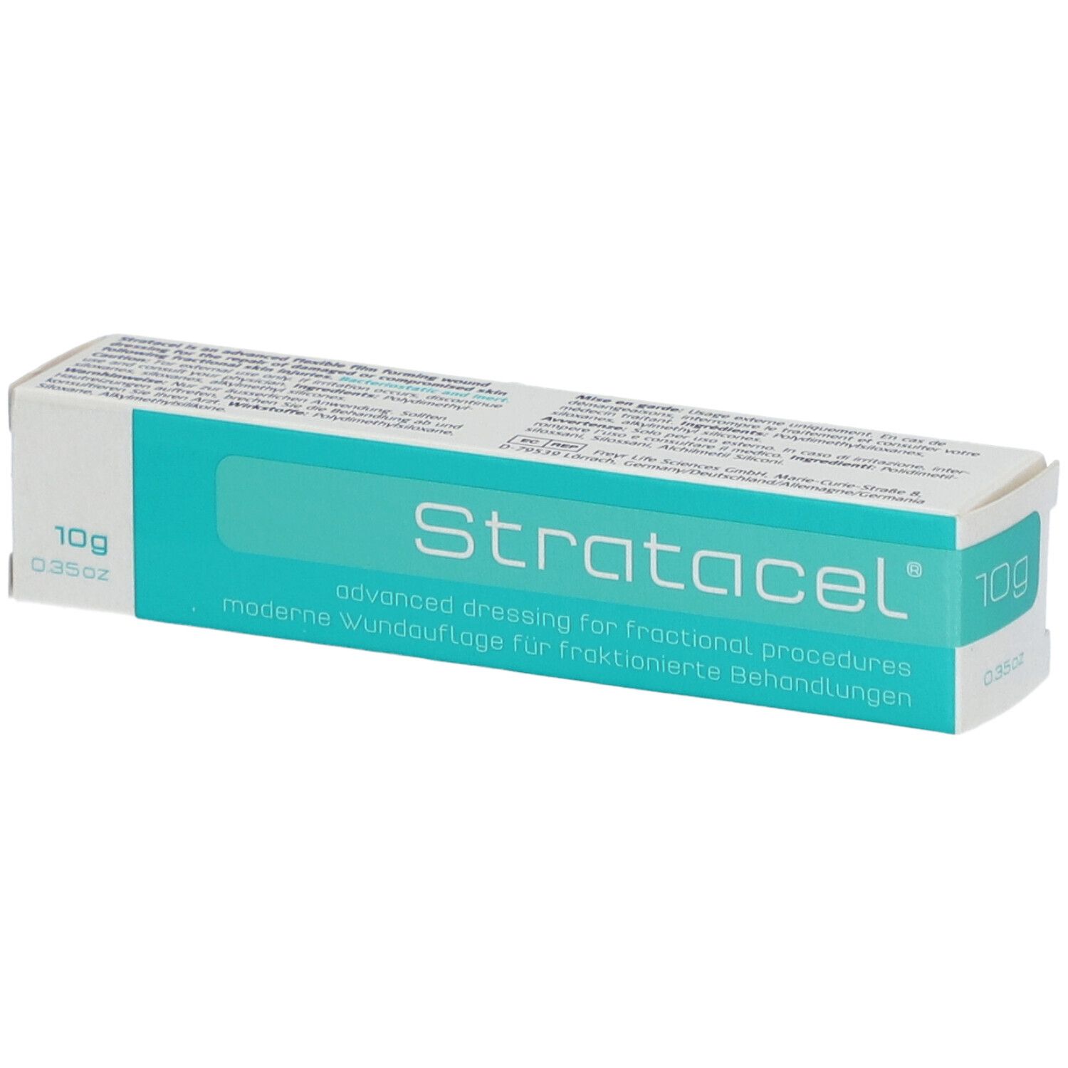 Verpakking Stratacel, turquoise band met tekst. 10g/0.35oz. Modern verband.