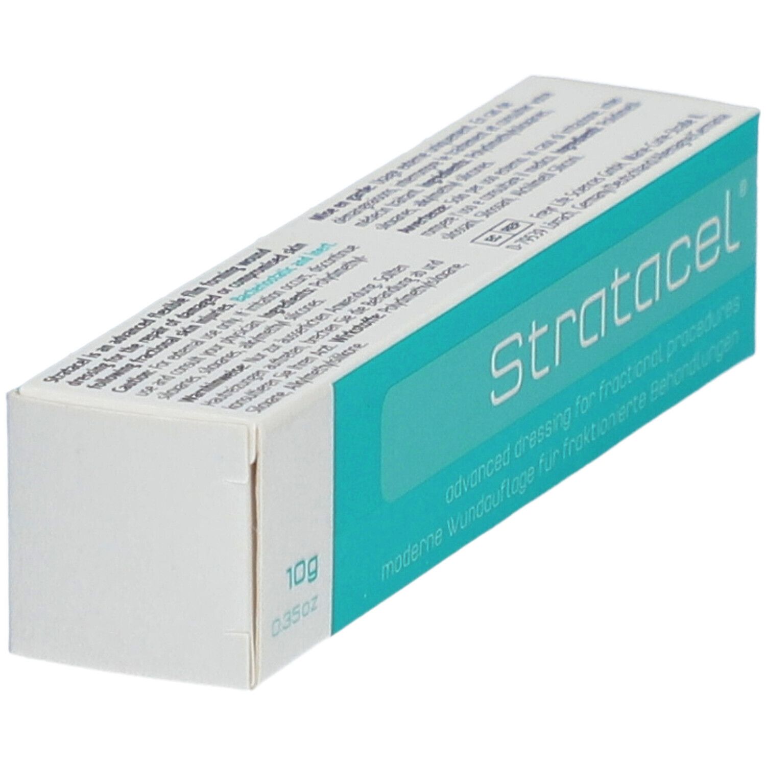 Verpakking Stratacel, turquoise en wit. 10g/0.35oz. Tekst op de verpakking.