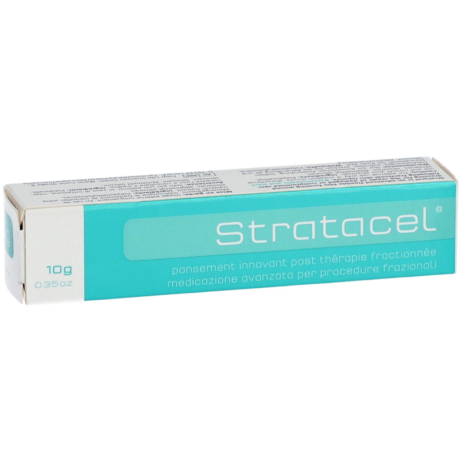 Verpakking Stratacel, turquoise band met tekst. 10g/0.35oz. Productnaam.
