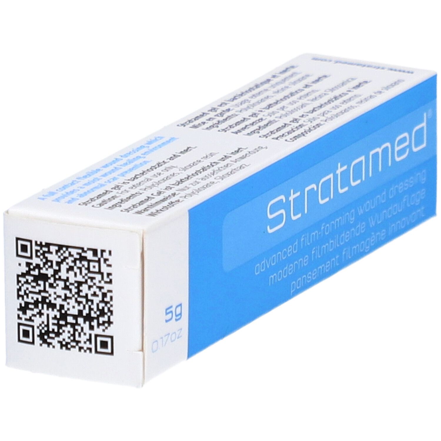 Verpakking van Stratamed. Blauw-witte doos met QR-code en productinformatie.