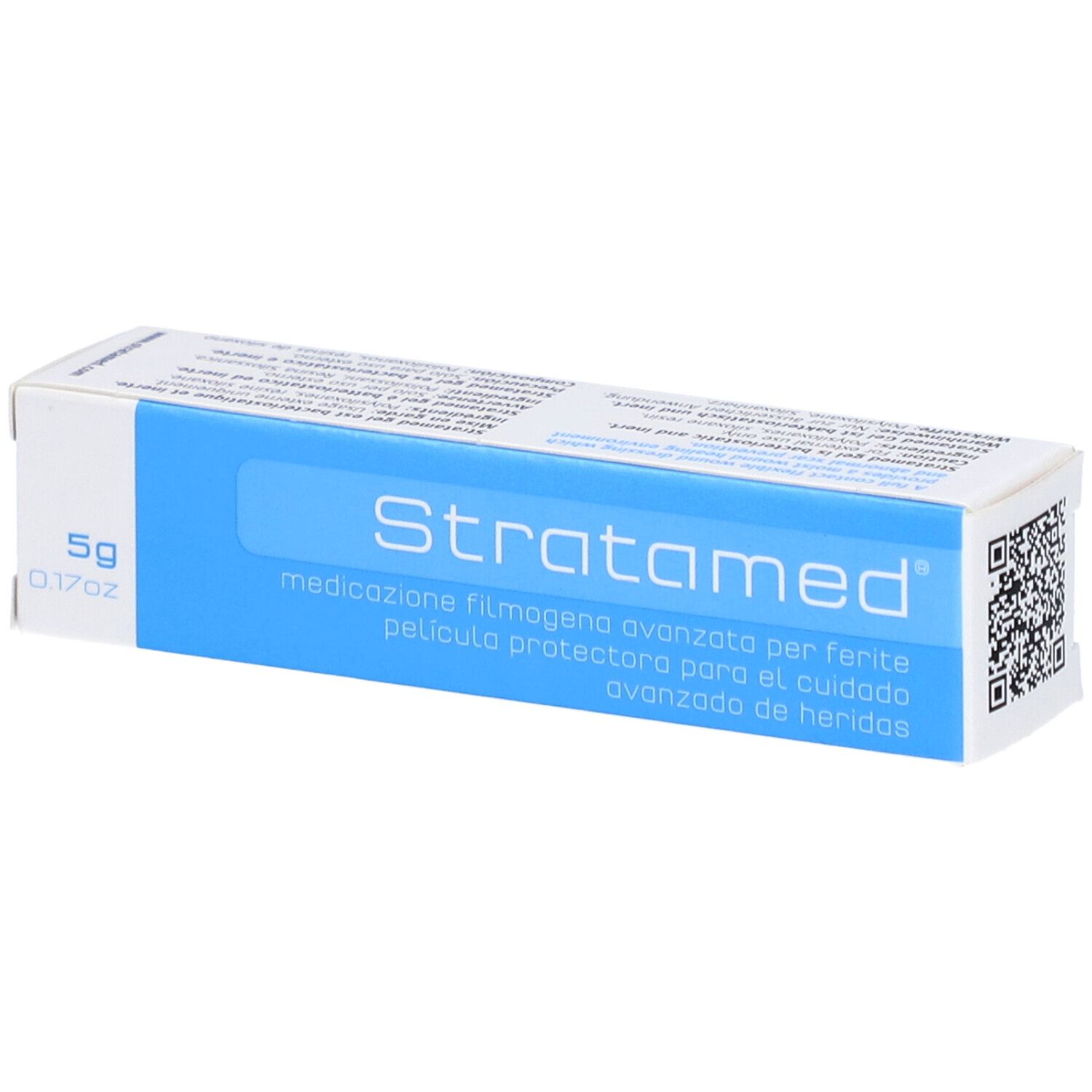 Verpakking van Stratamed. Blauw-witte doos met productnaam en informatie.