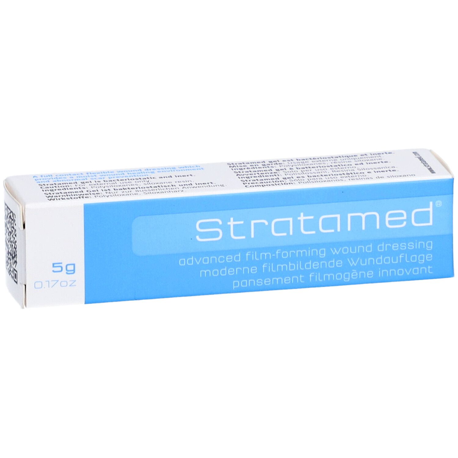 Verpakking van Stratamed. Blauw-witte doos met productnaam en informatie.