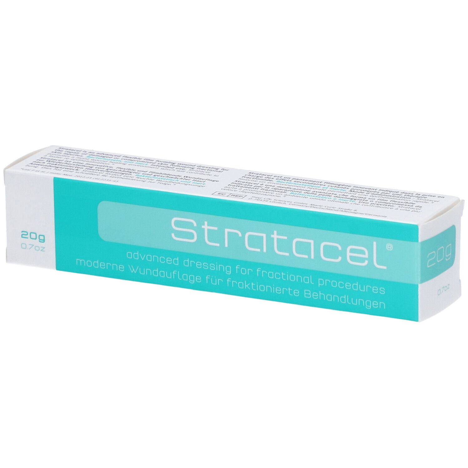 Emballage blanc et turquoise. Inscription : Stratacel, 20g. Pansement moderne pour traitements fractionnés.