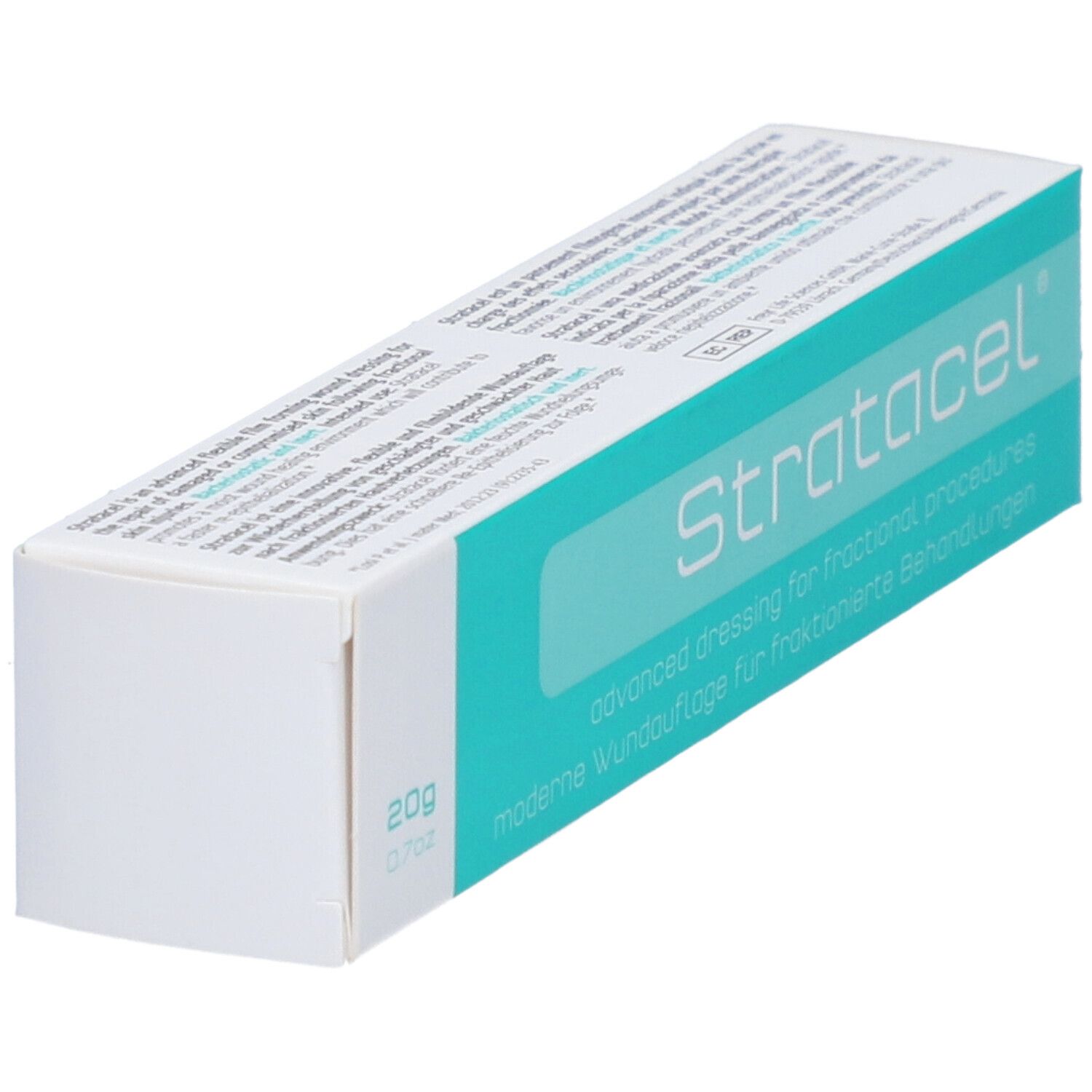 Emballage blanc et turquoise en biais. Inscription : Stratacel, 20g. Pansement moderne.