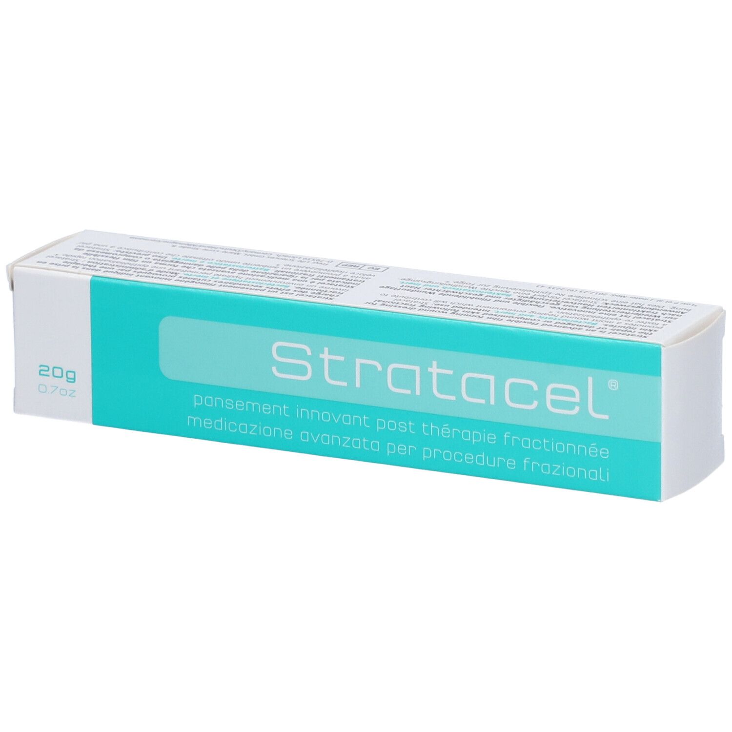 Emballage blanc et turquoise. Inscription : Stratacel, 20g. Pansement moderne pour traitements fractionnés.
