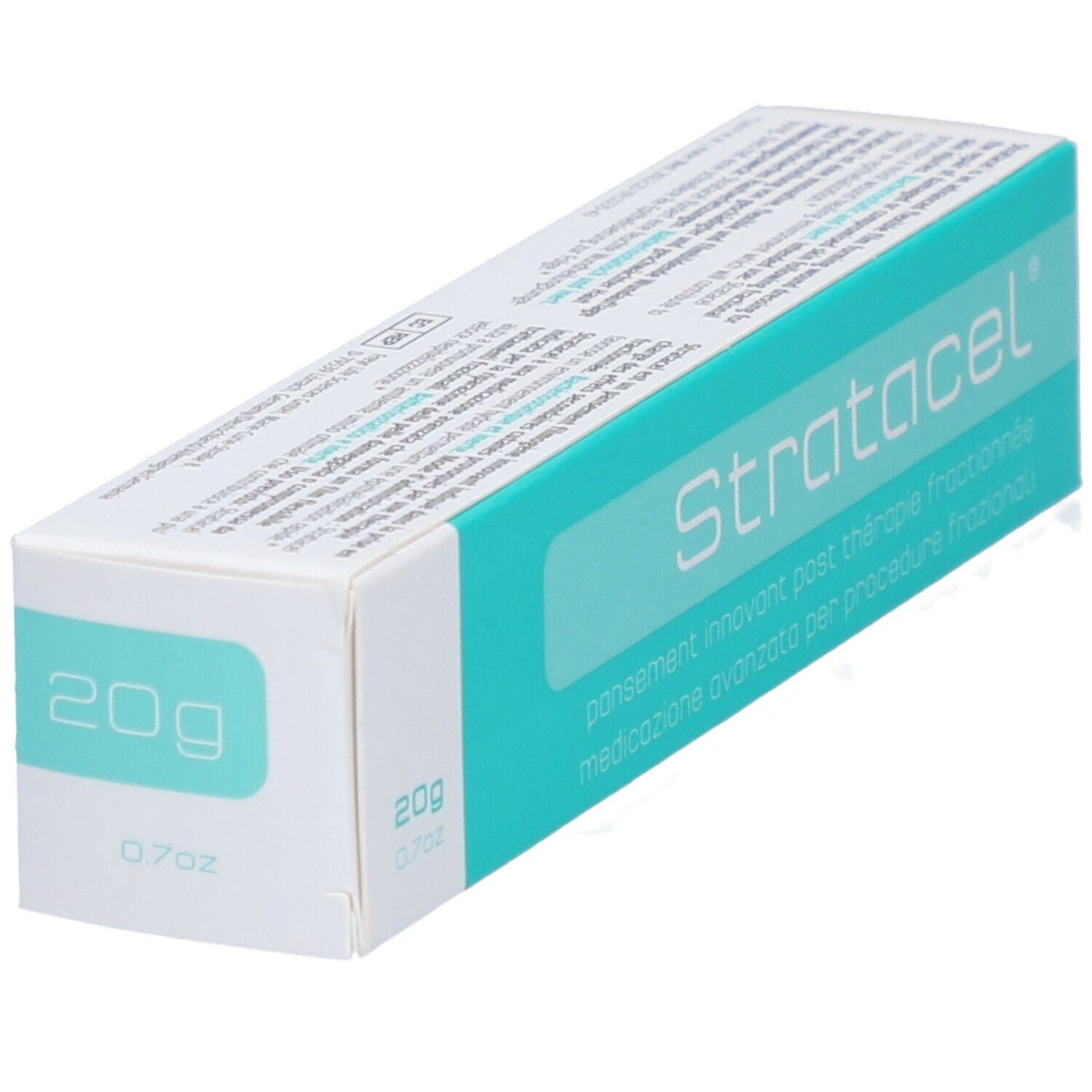 Emballage blanc et turquoise en biais. Inscription : Stratacel, 20g. Pansement moderne.