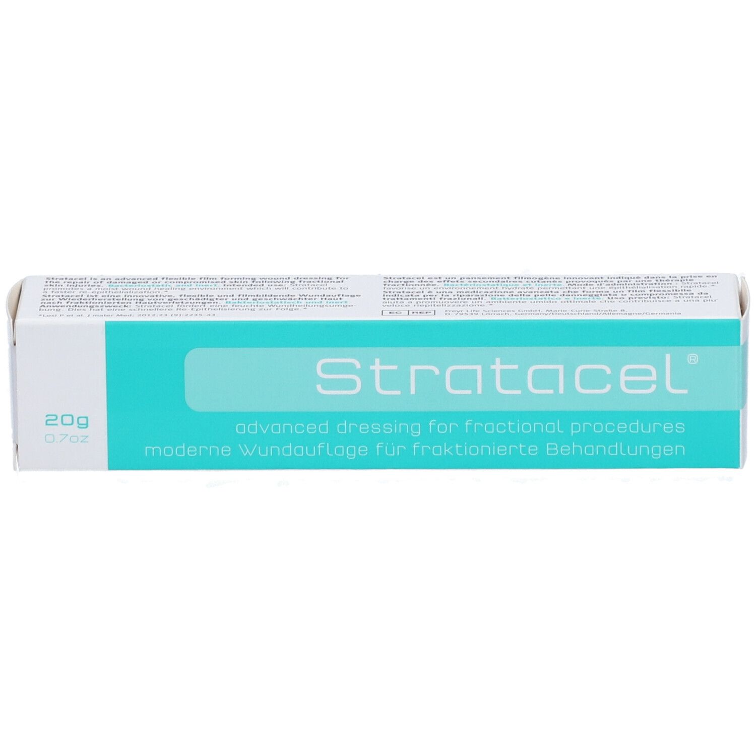 Emballage blanc et turquoise. Inscription : Stratacel, 20g. Pansement moderne pour traitements fractionnés.