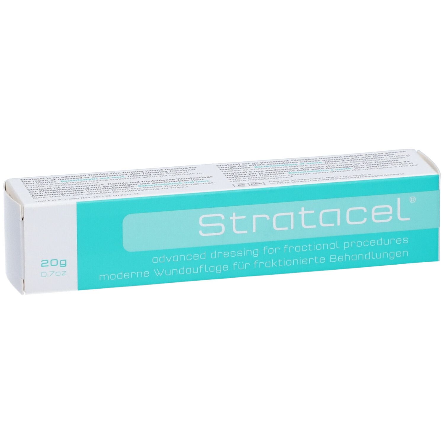 Emballage blanc et turquoise. Inscription : Stratacel, 20g. Pansement moderne pour traitements fractionnés.