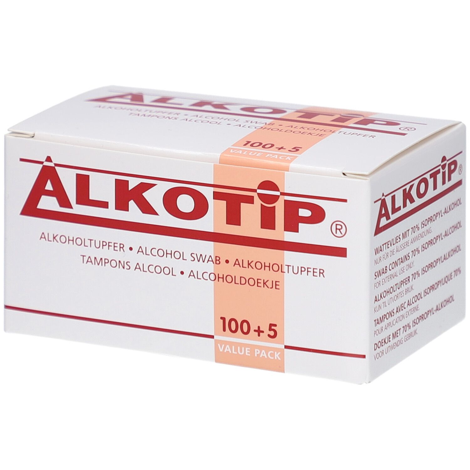 Boîte blanche ALKOTIP avec texte rouge. Contient des tampons alcoolisés. Inscription : 100+5. Emballage avec informations produit.