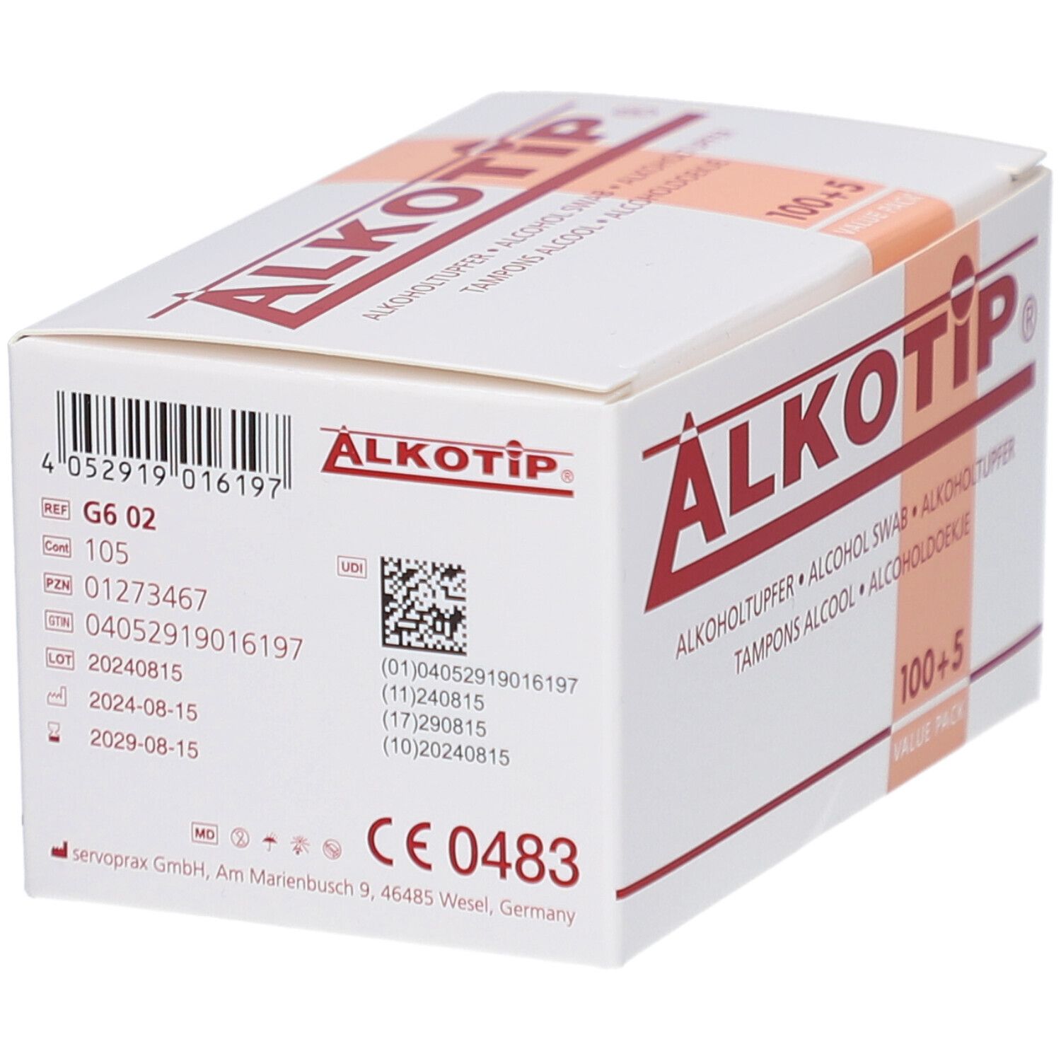 Boîte blanche ALKOTIP avec texte rouge. Contient des tampons alcoolisés. Inscription : 100+5. Marquage CE et autres informations.